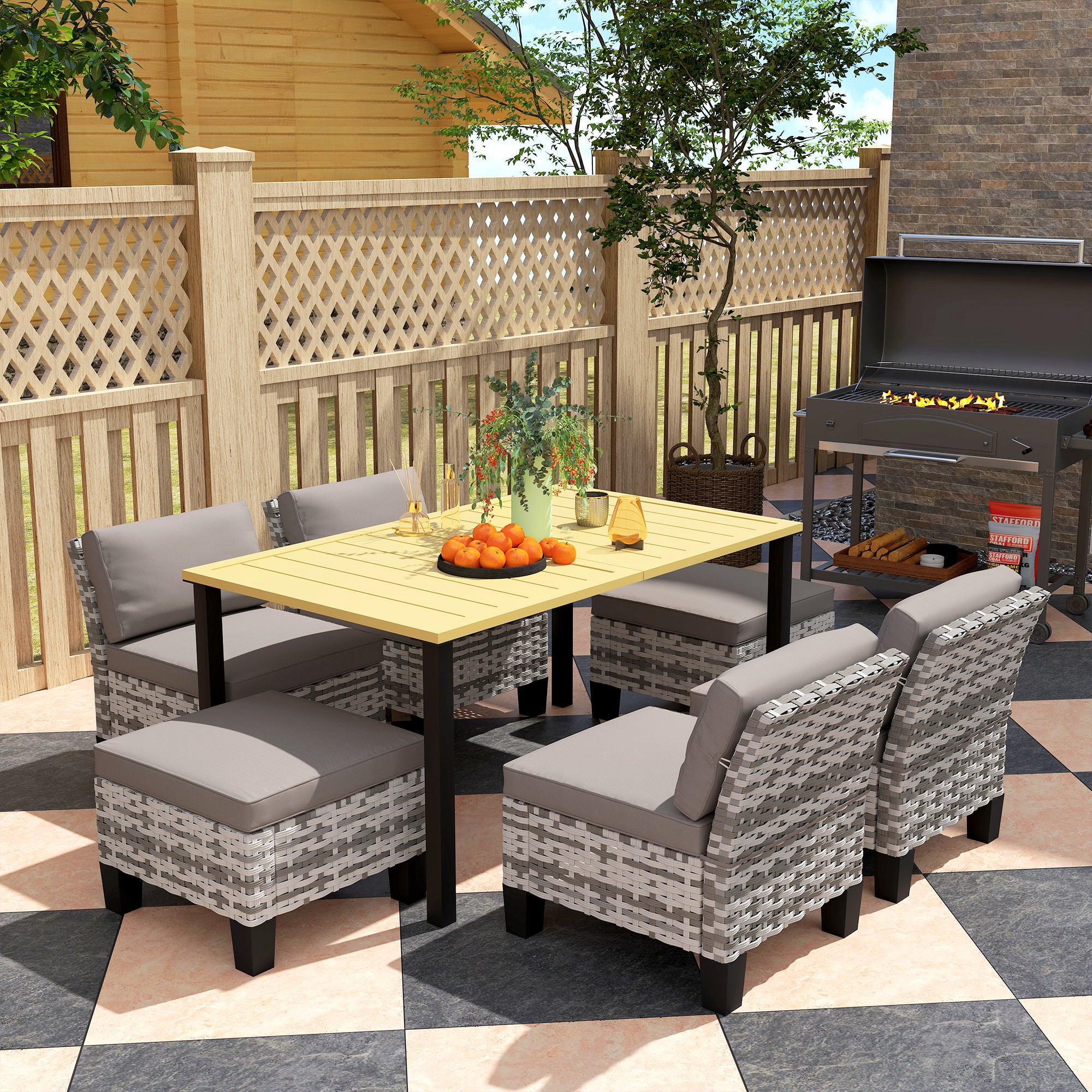 Outsunny 7-Piece Rattan Garden Dining Set, 6 Seater Wicker Garden Furniture Set with Seat and Back Cushions, Umbrella Hole, Patio Table and Chairs with Slatted Metal Top Table for Balcony, Grey - North Peak Garden Furniture