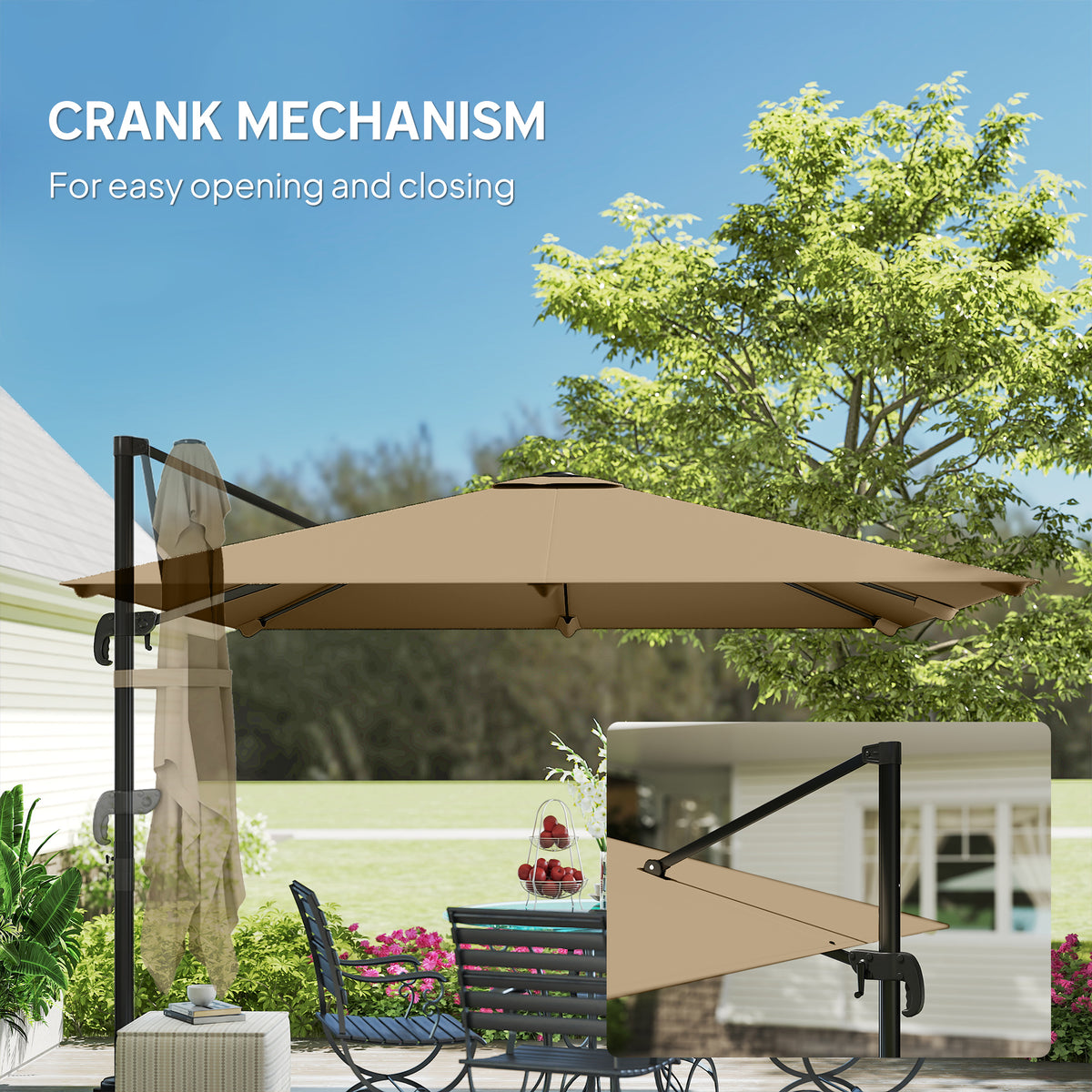 Outsunny 3 x 3 m Cantilever Parasol, Square Patio Umbrella with Crank Handle, Cross Base, Tilt, 360° Rotation, Khaki