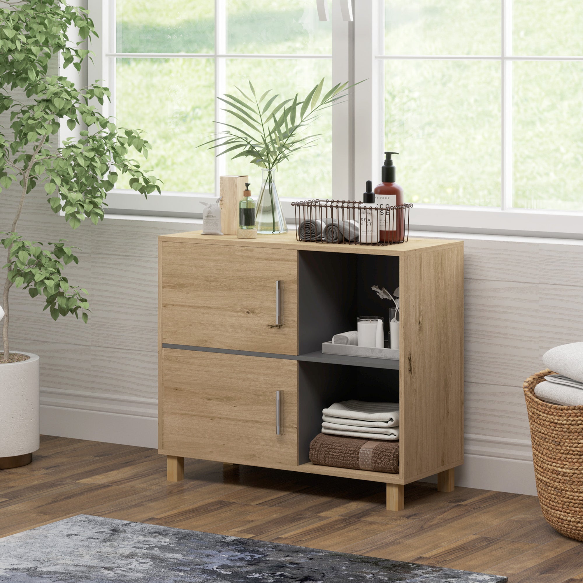 HOMCOM Bathroom Cabinet, Freestanding Bathroom Cabinet with Open Compartments and Double Doors - North Peak Garden Furniture