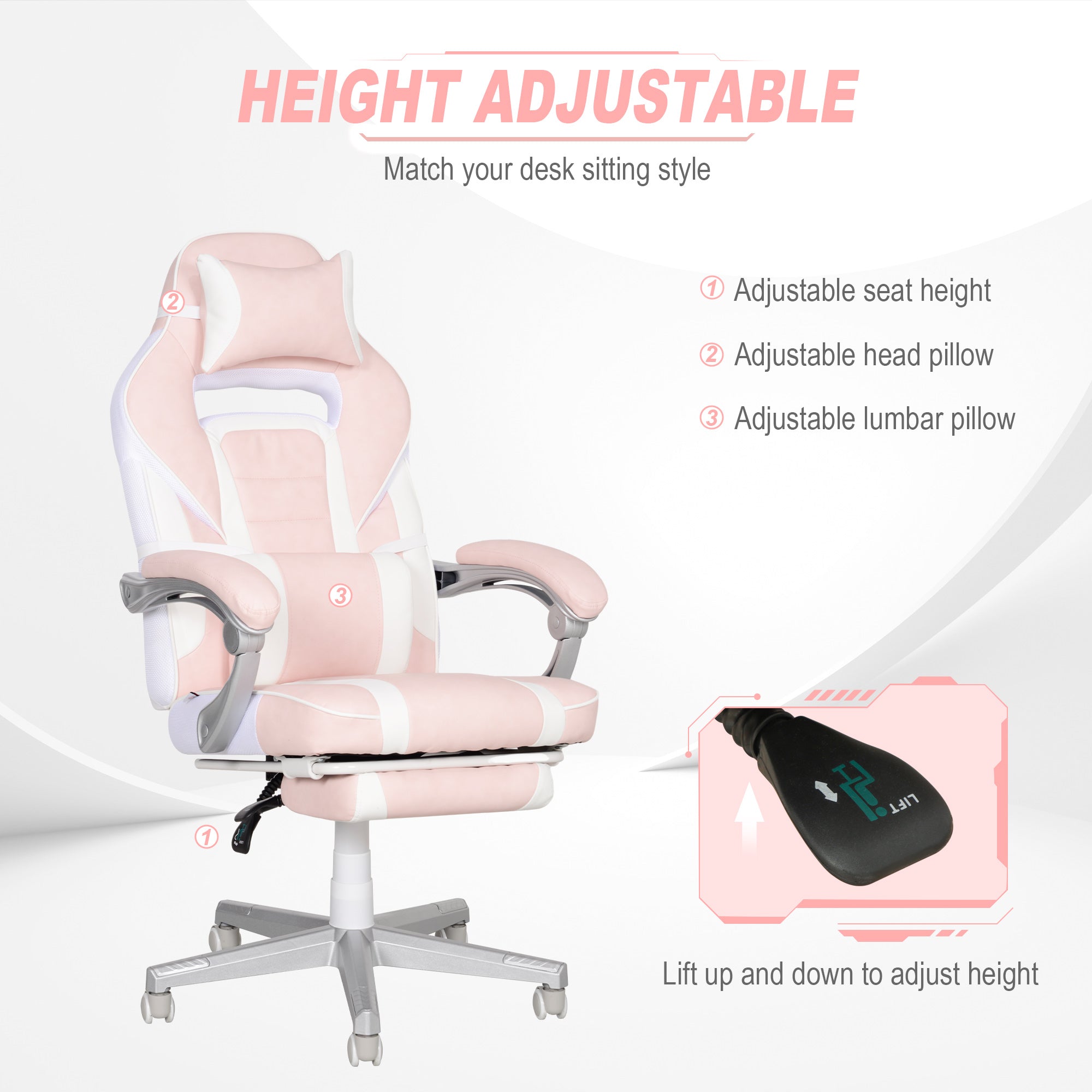 HOMCOM Faux Leather Reclining Gaming Chair, with Footrest - Pink/White - North Peak Garden Furniture