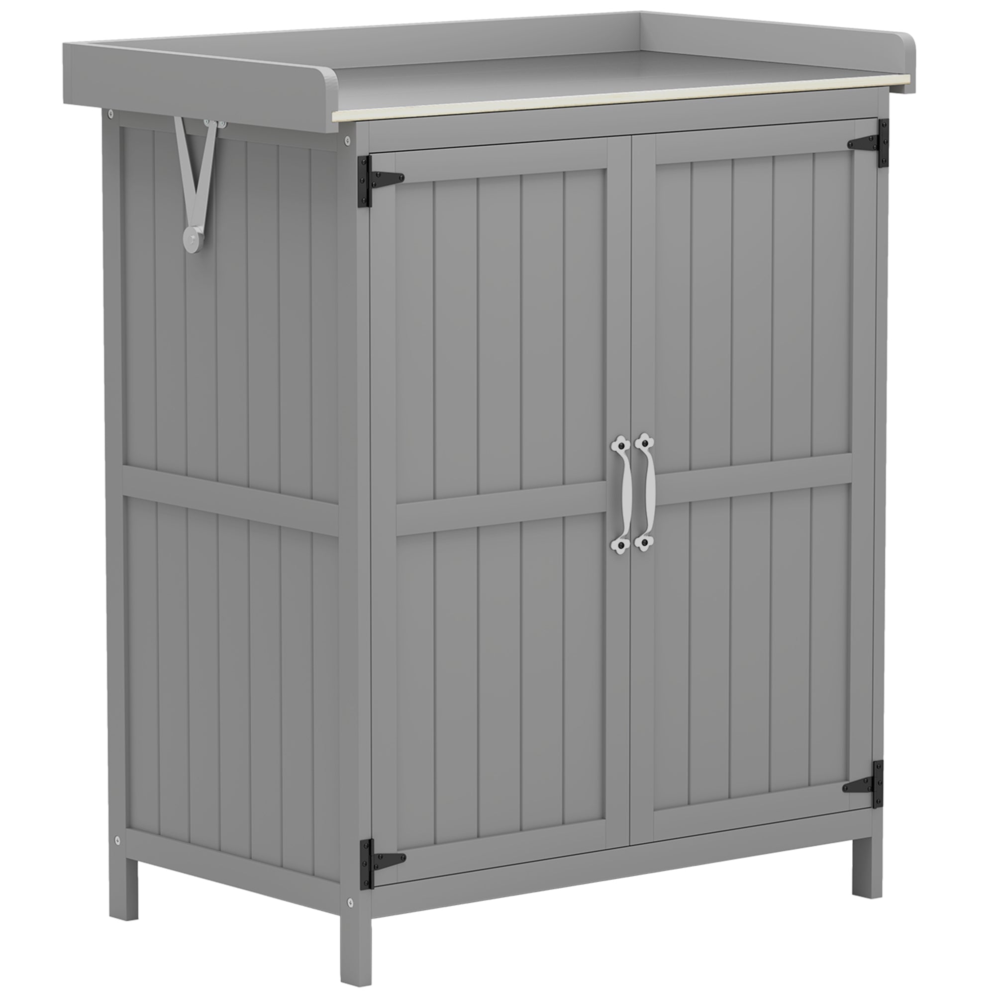 Outsunny Wooden Garden Shed, Garden Tool Storage Shed with Hinged Roof and Shelf, Outdoor Storage Cabinet with Double Doors, Grey