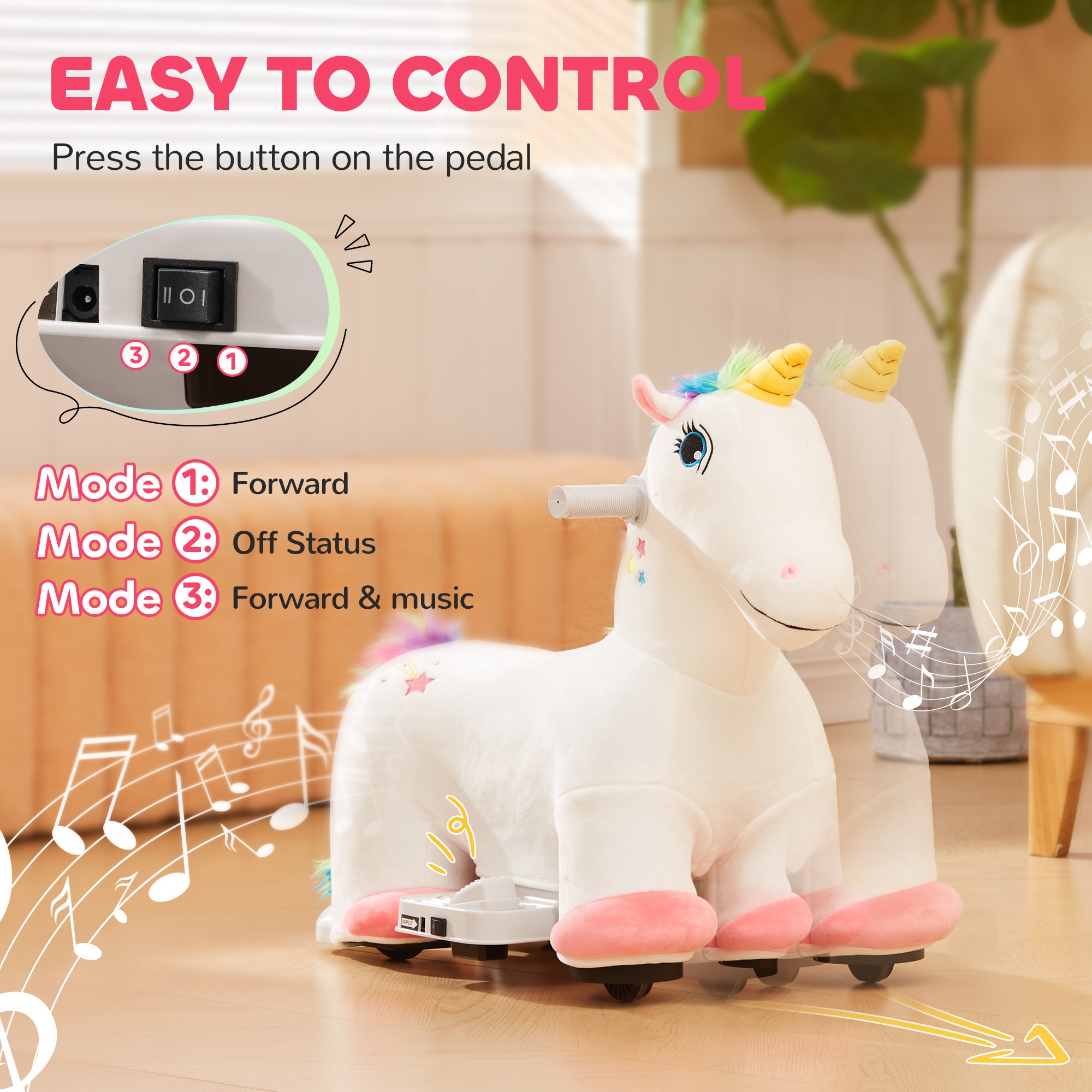 AIYAPLAY 6V Electric Ride on Unicorn, Battery Powered Kids Ride on Animal Toy with Music Forward Control, for 18-36 Months - North Peak Garden Furniture