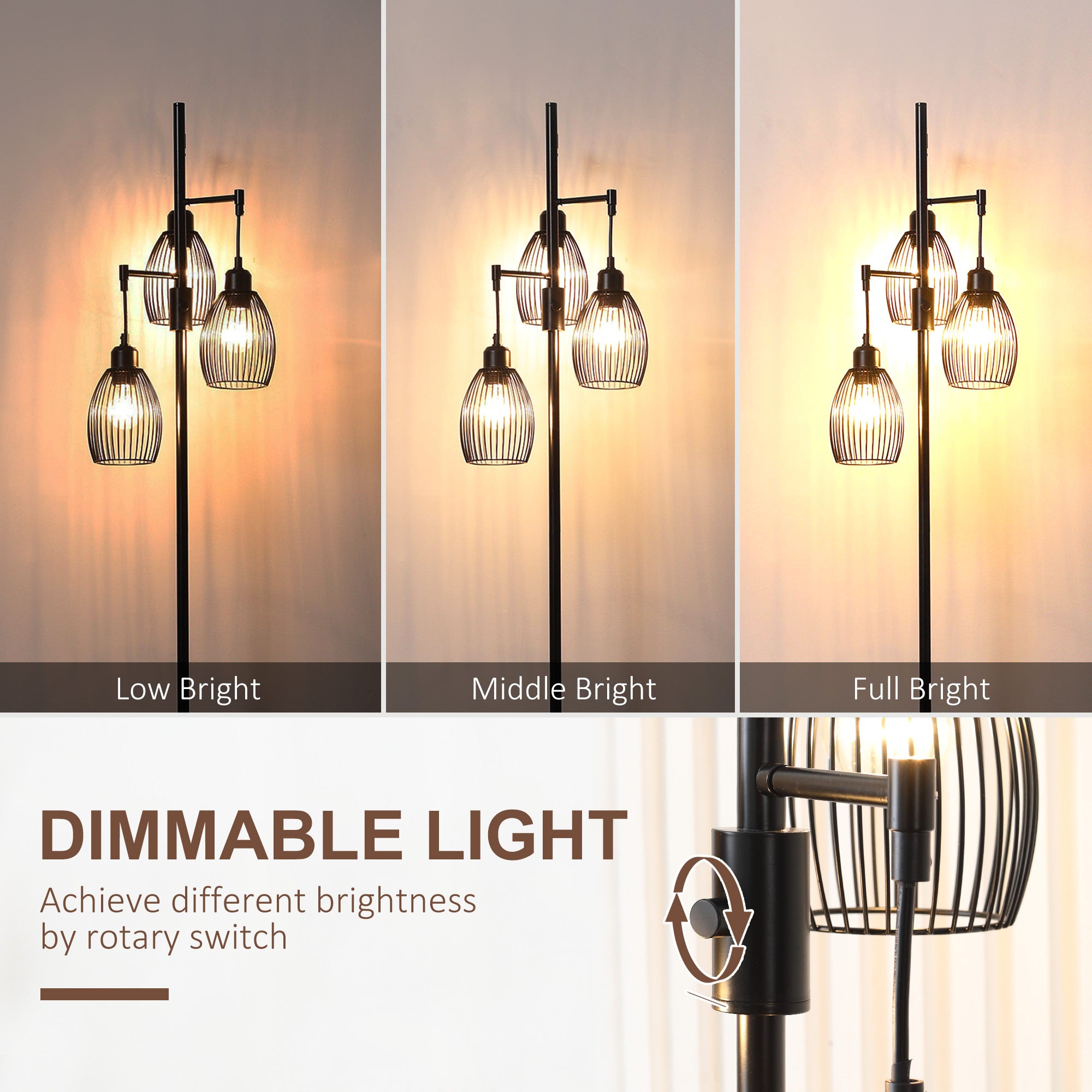 HOMCOM 170cm Industrial 3-Light Floor Lamp, Dimmable Standing Lamp with Steel Lampshades for Living Room, Bedroom, Dinging Room, Study, Black - North Peak Garden Furniture