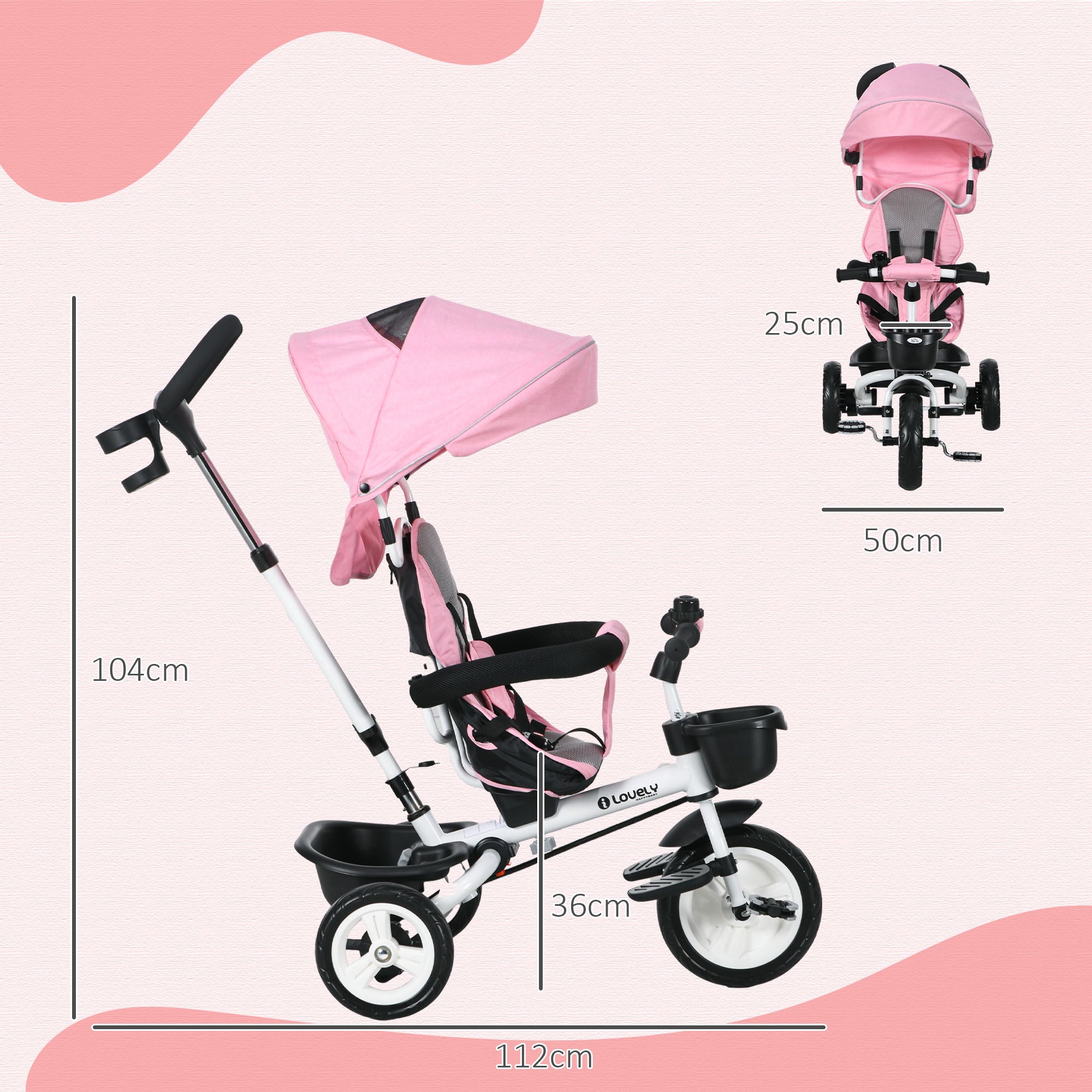 HOMCOM Metal Frame 6 in 1 Baby Push Tricycle with Parent Handle for 1-5 Years Old, Pink