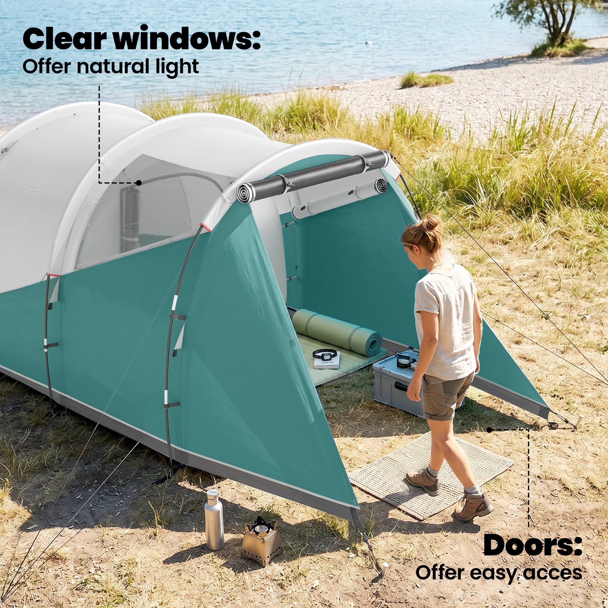 Outsunny Three-Man, 3000mm Water-Resistant Two-Room Tunnel Tent - Green