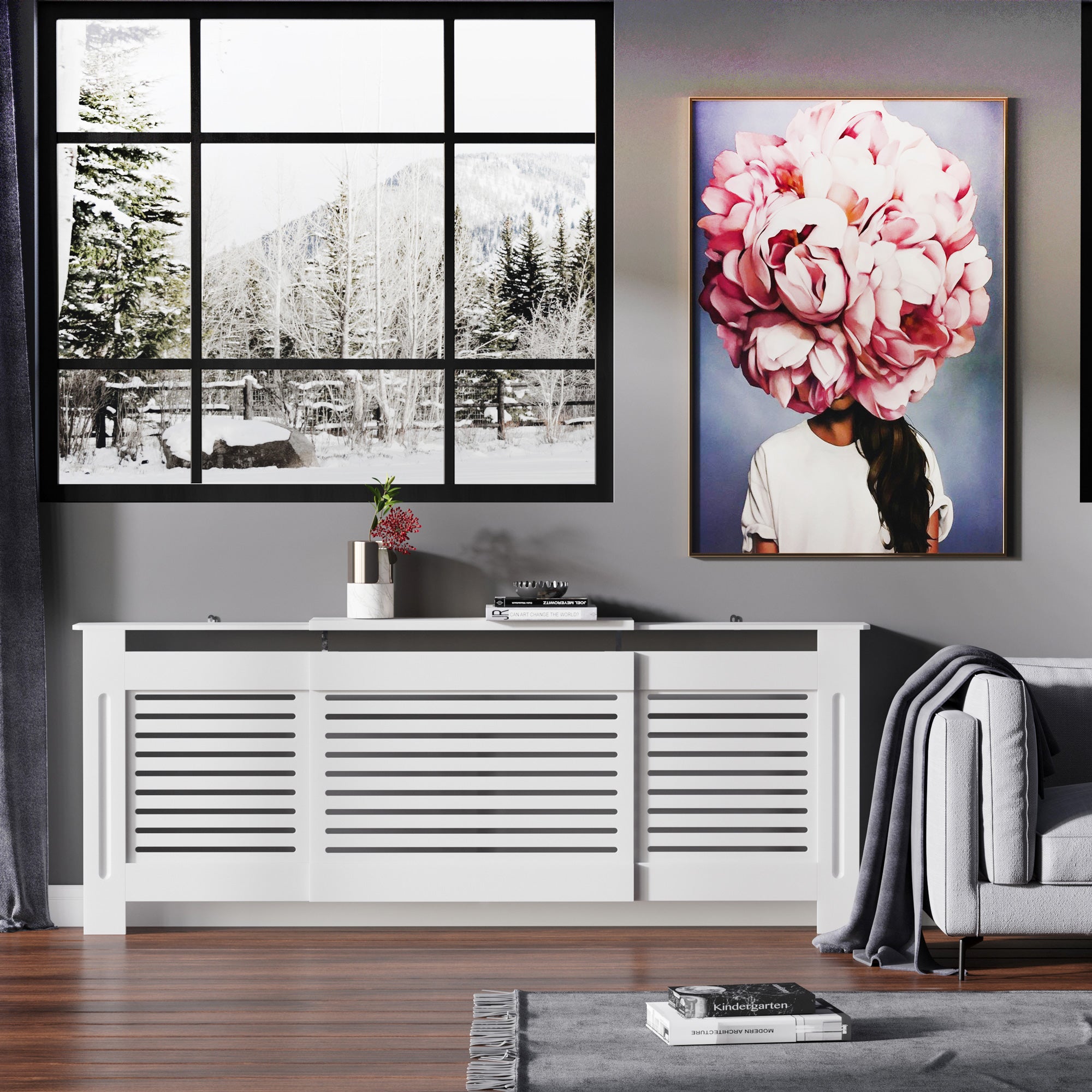 HOMCOM MDF Extendable Radiator Cover Cabinet Shelving Home Office Slatted Design White 139-208.5L x 20.5W x 82.5H cm - North Peak Garden Furniture