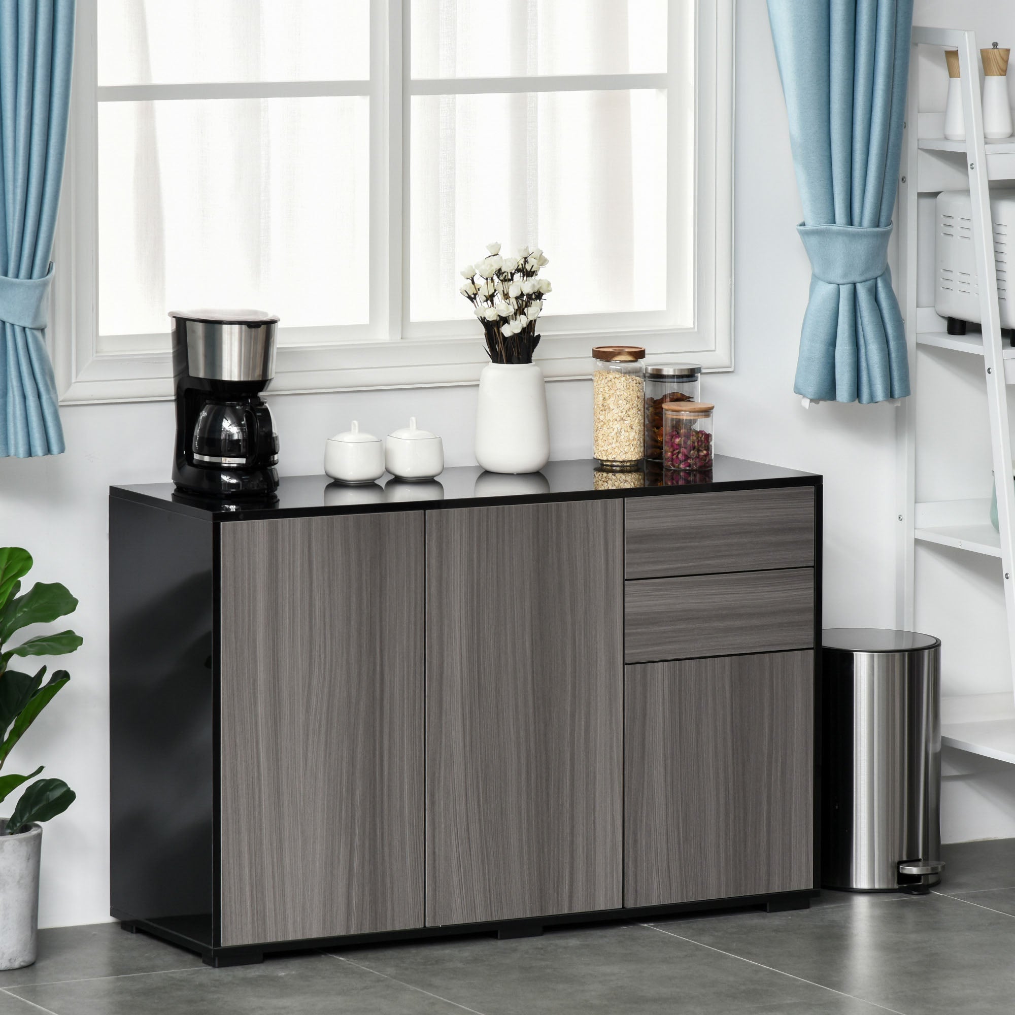 HOMCOM High Gloss Frame Sideboard, Side Cabinet, Push-Open Design with 2 Drawer for Living Room, Bedroom, Light Grey and Black - North Peak Garden Furniture