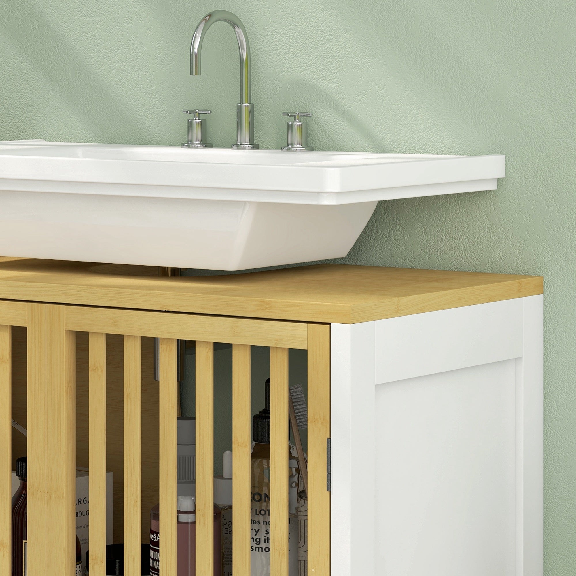 HOMCOM Bamboo-Blend Retro Cut-Out Under Sink Cabinet - North Peak Garden Furniture