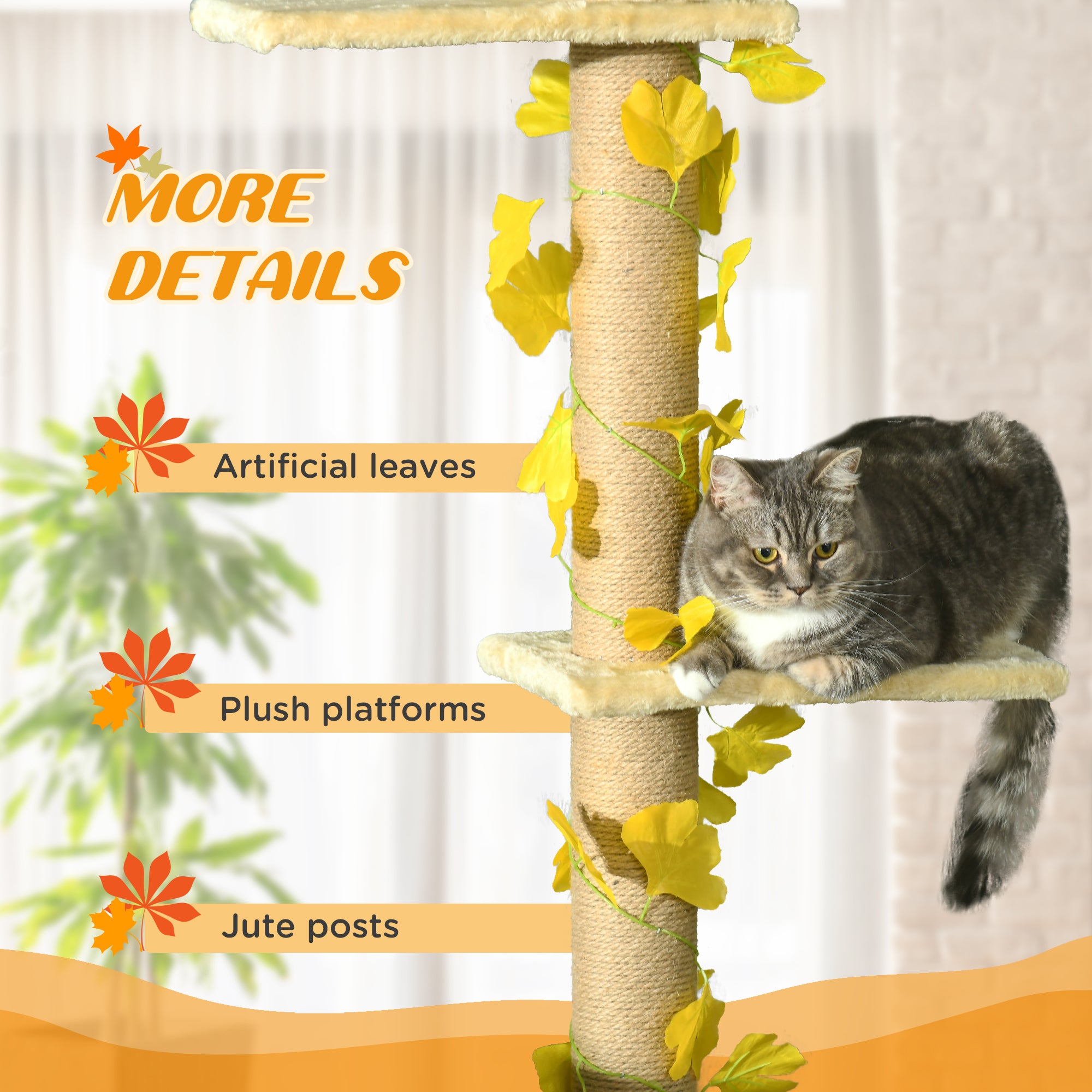 PawHut 242cm Adjustable Floor-To-Ceiling Cat Tree, with Artificial Decoration, Perches, Anti-Slip Kit - Yellow - North Peak Garden Furniture