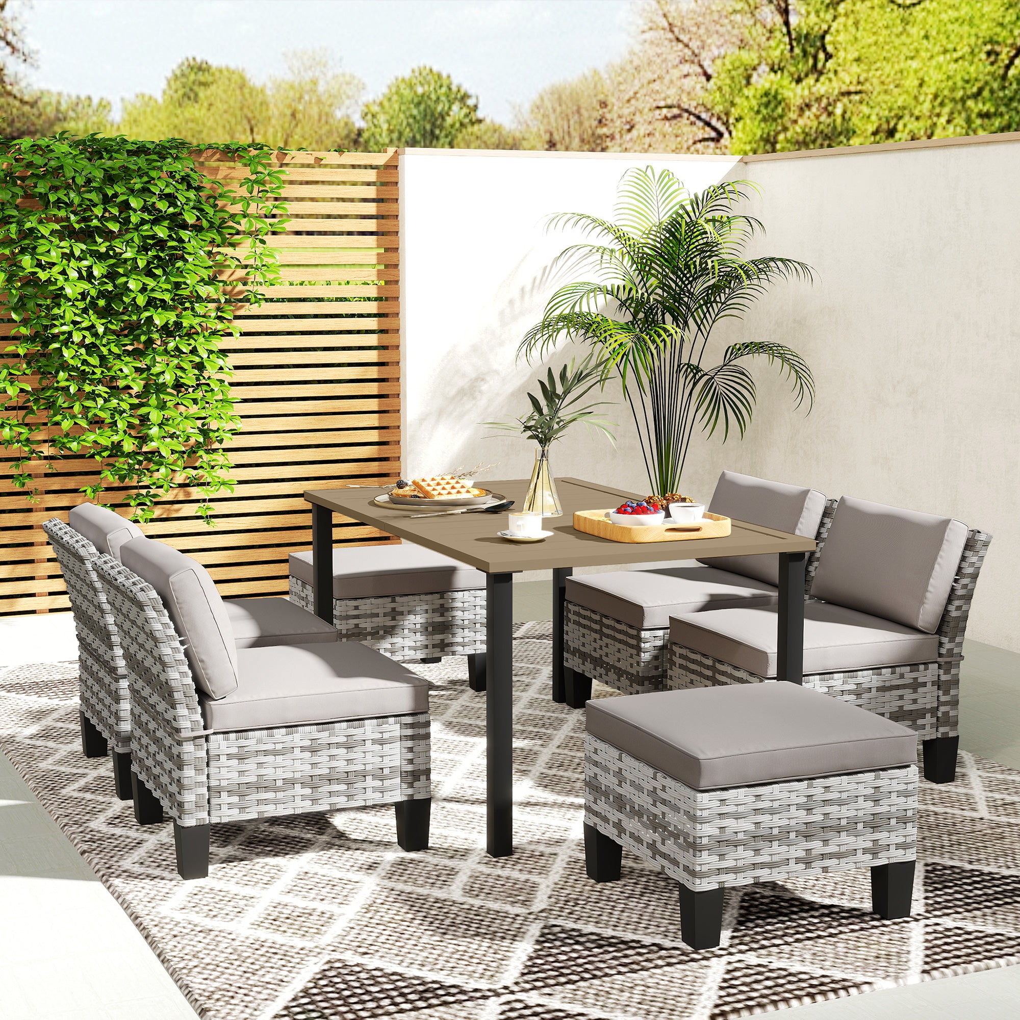 Outsunny 7-Piece Rattan Garden Dining Set, 6 Seater Wicker Garden Furniture Set with Seat and Back Cushions, Umbrella Hole, Patio Table and Chairs with Slatted Metal Top Table for Balcony, Grey