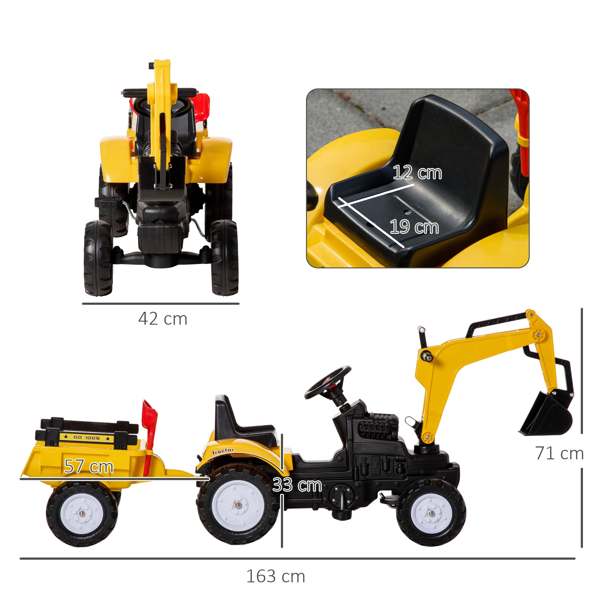 HOMCOM Kids Ride-On Construction Car, with Horn and Detachable Trailer - Yellow - North Peak Garden Furniture
