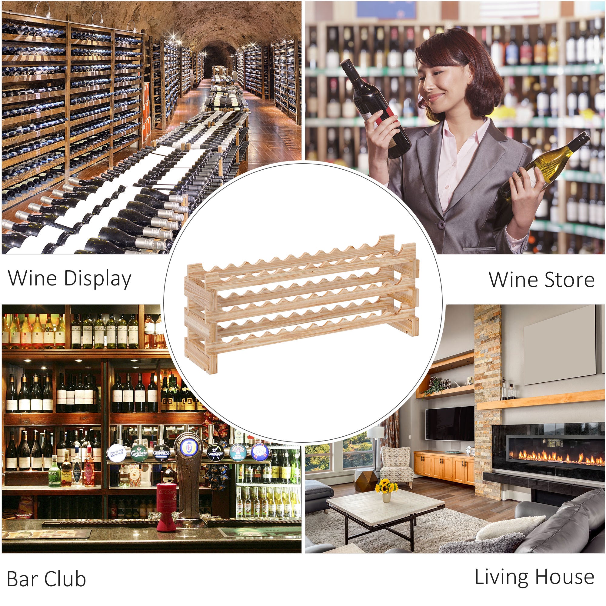 HOMCOM Three-Tier, 36 Bottle Wooden Wine Rack - Natural - North Peak Garden Furniture