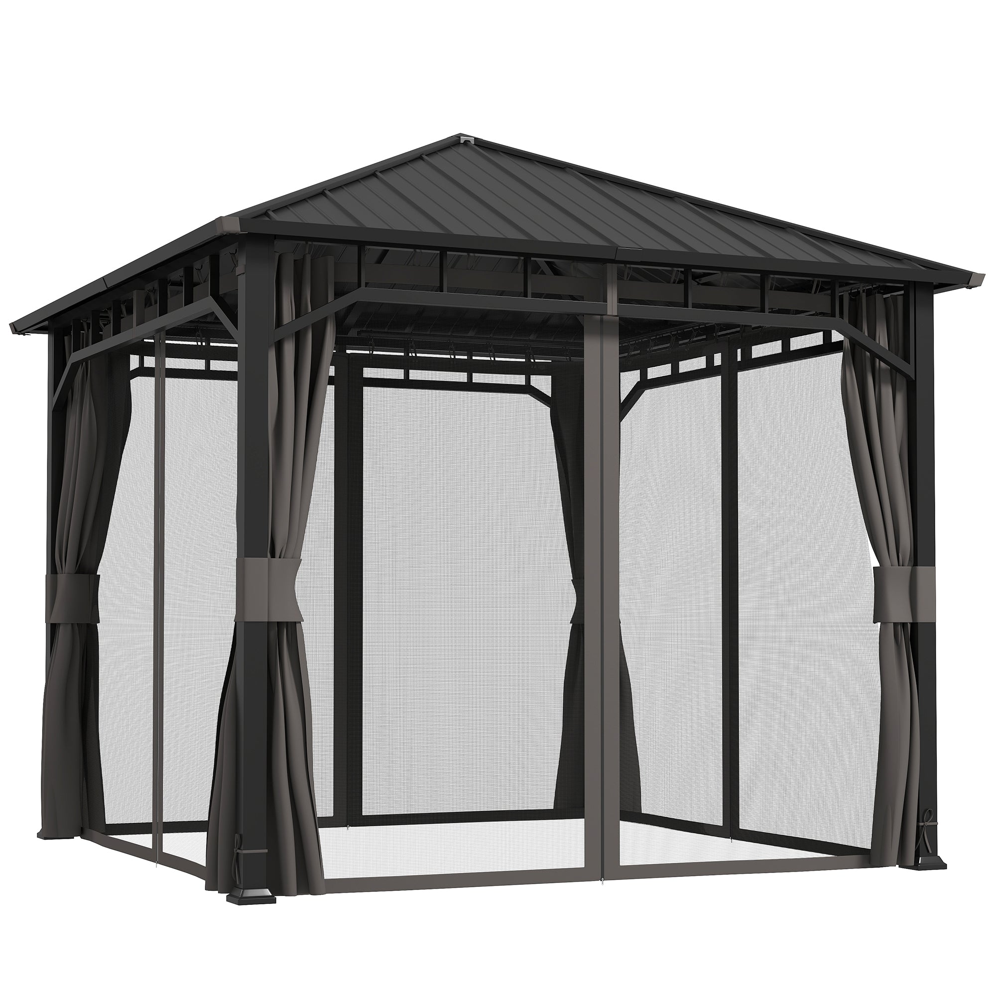 Outsunny 3 x 3(m) Hardtop Gazebo with Galvanised Steel Roof, Waterproof Permanent Pavilion Garden Gazebo with Netting and Curtains for Patio, Deck