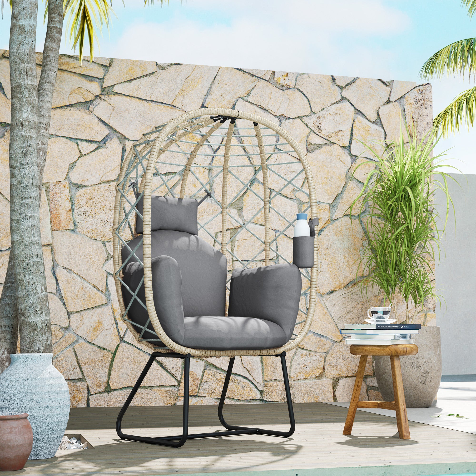 Outsunny Rattan Egg Chair Outdoor Indoor Wicker Chair with Thickened Cushion and Headrest, Standing Garden Egg Chair with Cup Holder, Metal Frame for Patio, Balcony, Grey - North Peak Garden Furniture