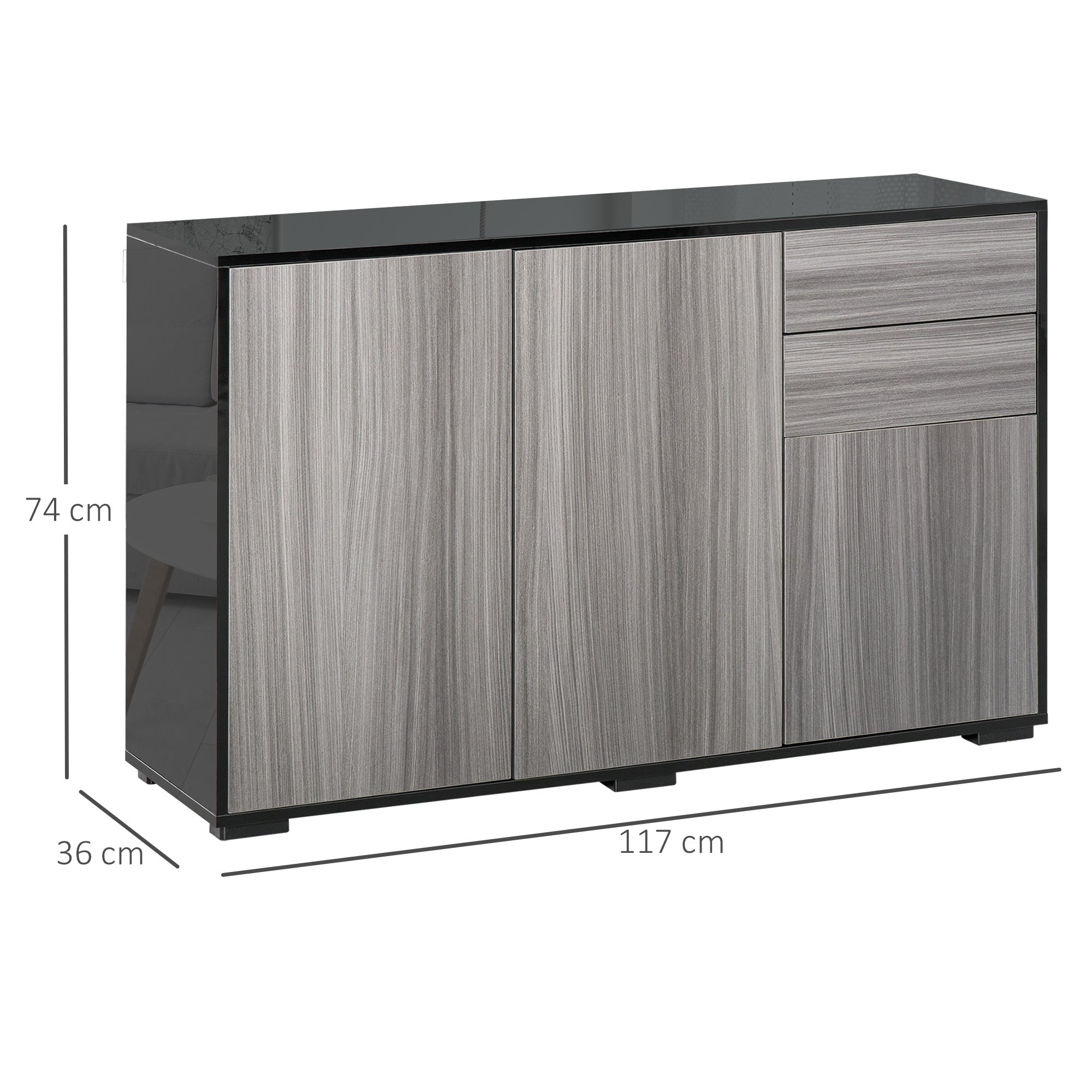 HOMCOM High Gloss Frame Sideboard, Side Cabinet, Push-Open Design with 2 Drawer for Living Room, Bedroom, Light Grey and Black - North Peak Garden Furniture