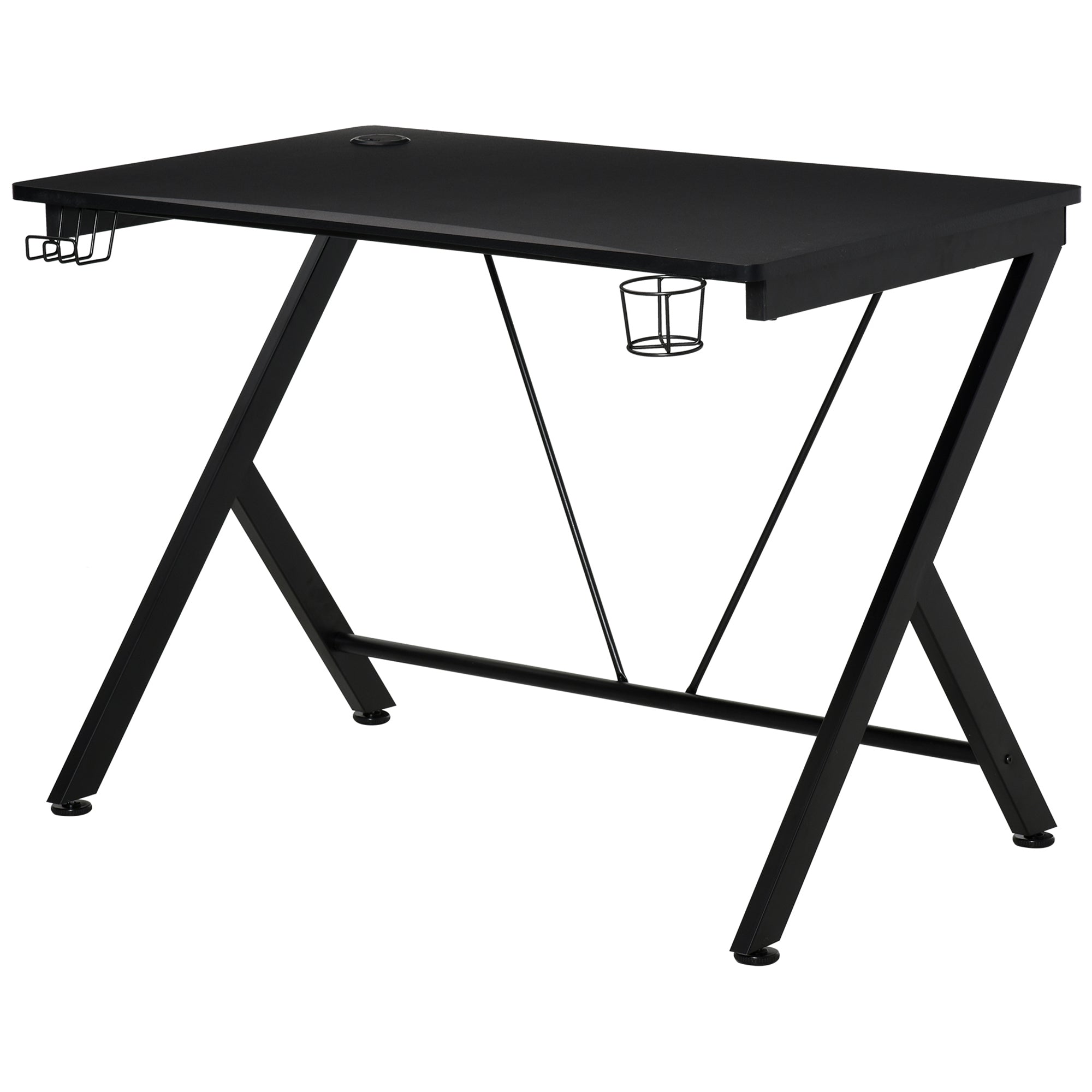 HOMCOM Gaming Desk, 108 x 66cm Computer Table Metal Frame with Cup Holder, Headphone Hook, Cable Hole, for Small Spaces, Black - North Peak Garden Furniture