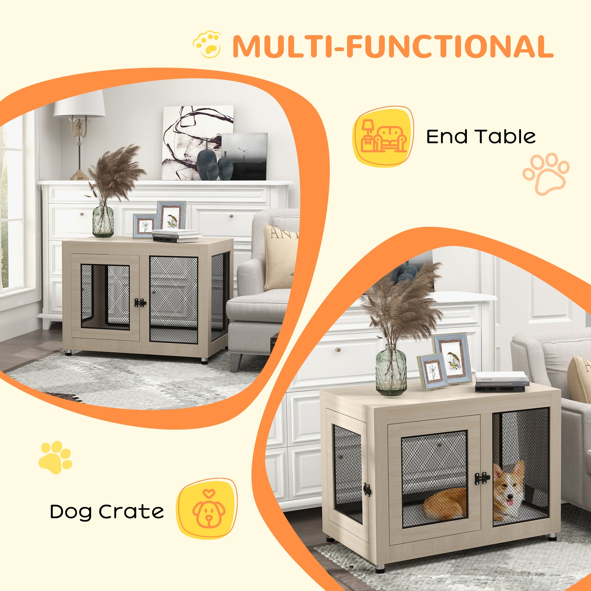 PawHut 2-in-1 Dog Cage & Side Table, with Two Doors, Cushion, for Large Dogs - North Peak Garden Furniture