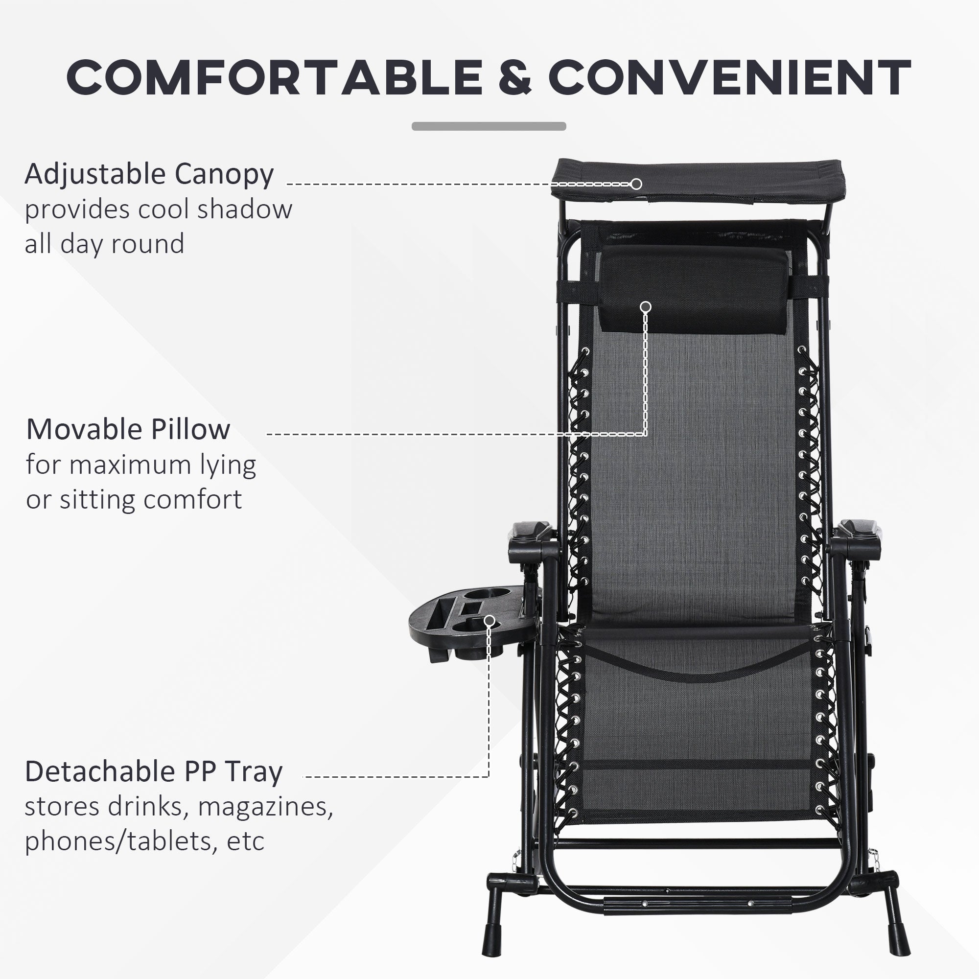 Outsunny Garden Rocking Chair Folding Recliner Outdoor Adjustable Sun Lounger Rocker Zero-Gravity Seat with Headrest Side Holder Patio Deck - Black - North Peak Garden Furniture