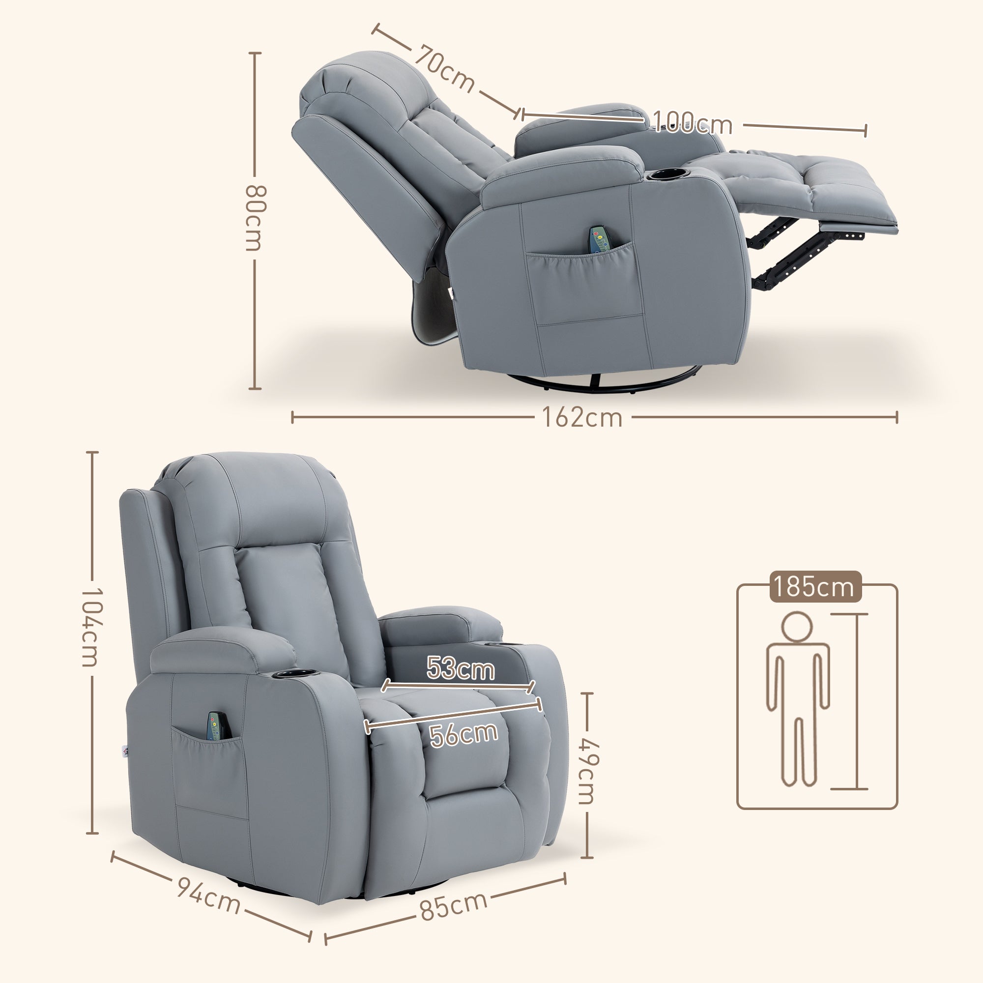 HOMCOM Massage Recliner Chair with 8 Vibration & Heat, PU Leather Recliner Armchair with Cup Holders and Side Pockets, Manual Reclining Chair with Remote, 360° Swivel, Rocking, Light Grey - North Peak Garden Furniture