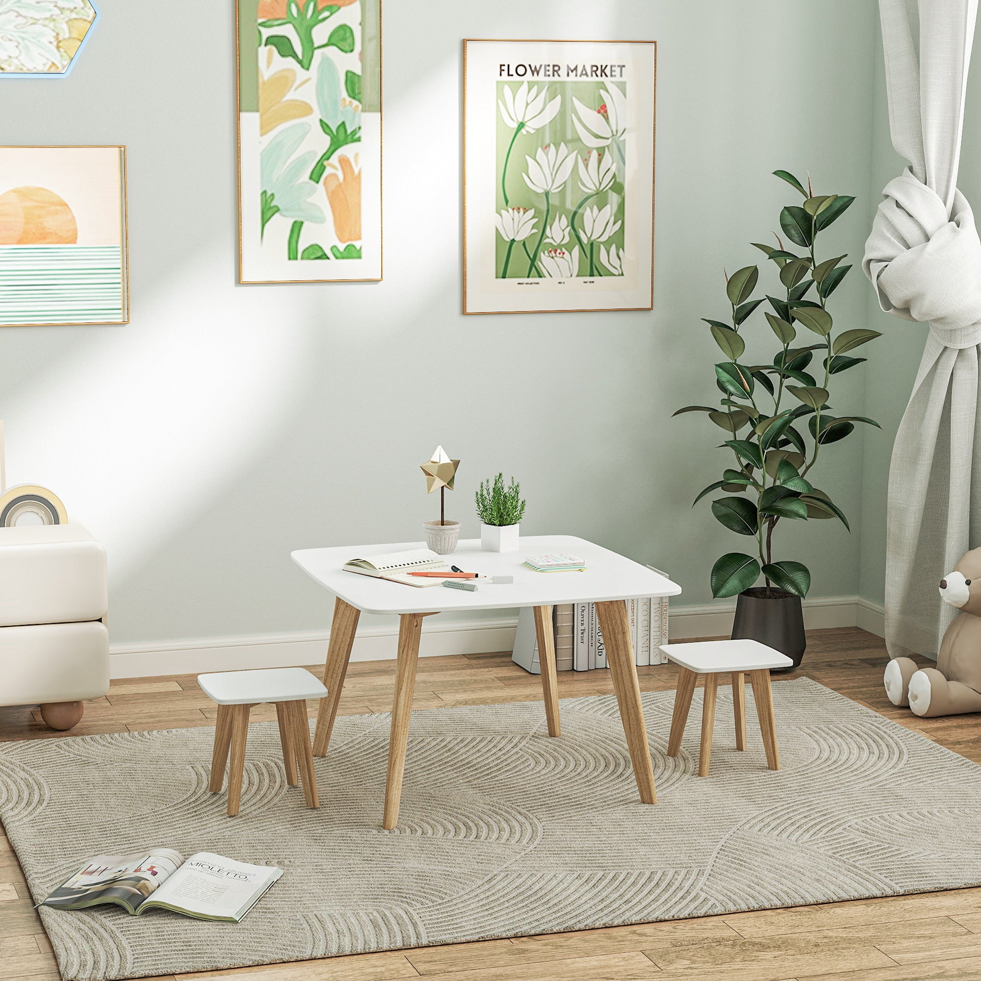 AIYAPLAY Kids Table and Chair Set, 3-Piece Toddler Furniture Set for Playroom, Bedroom, Ages 3-8 Years, White - North Peak Garden Furniture