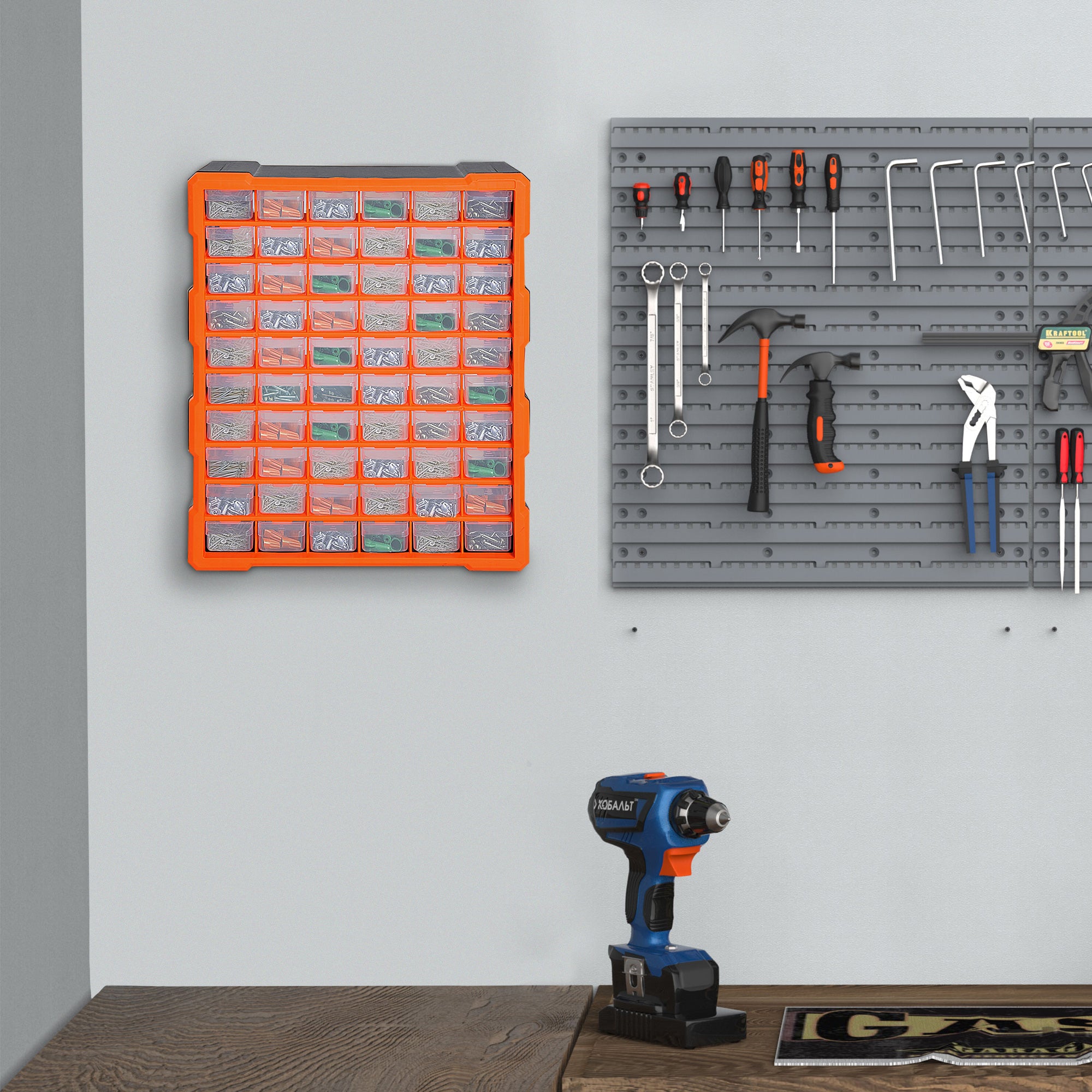 DURHAND 60 Drawers Parts Organiser Wall Mount Storage Cabinet Garage Small Nuts Bolts Tools Clear Orange - North Peak Garden Furniture