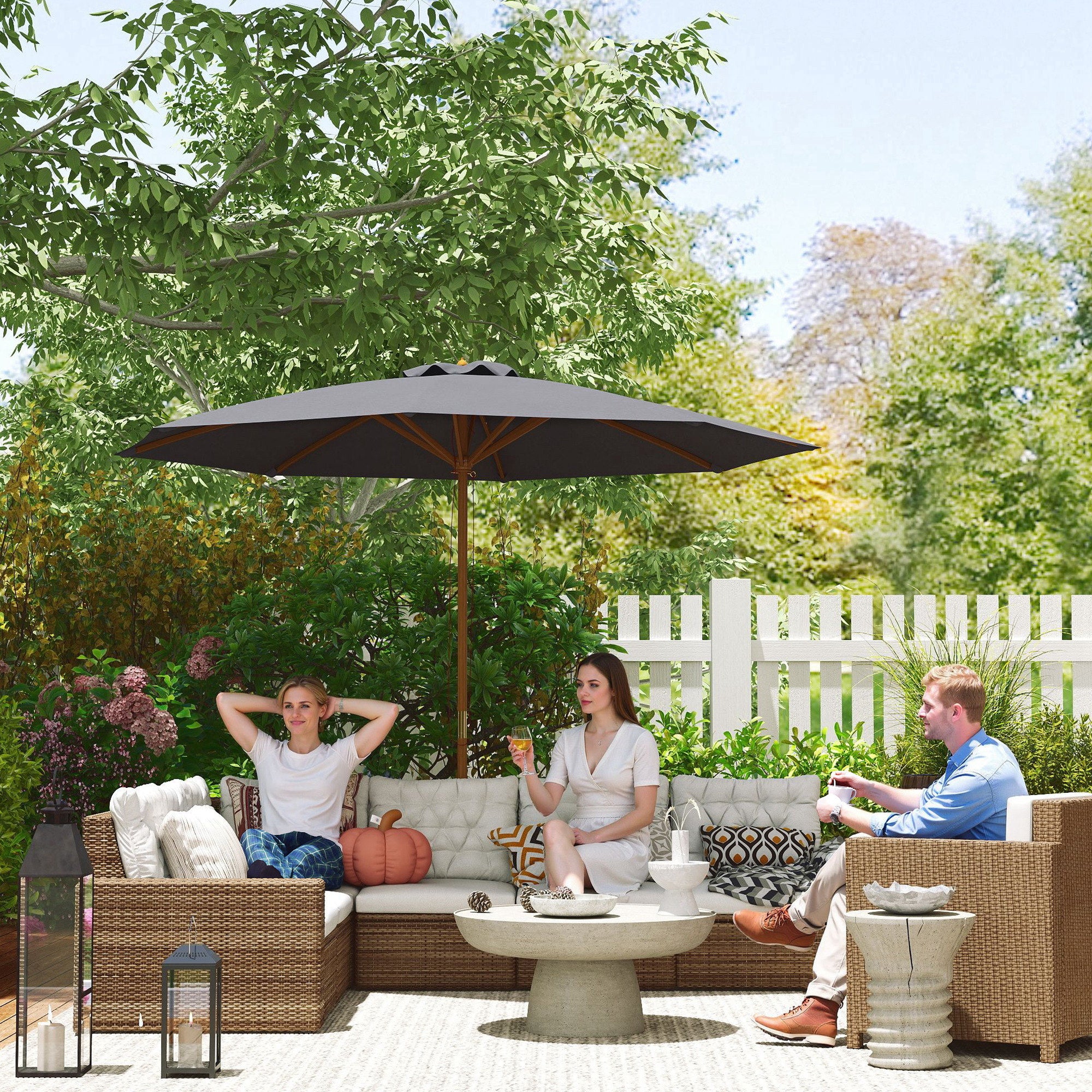 Outsunny 3m Wood Pole Parasol Umbrella - Grey - North Peak Garden Furniture