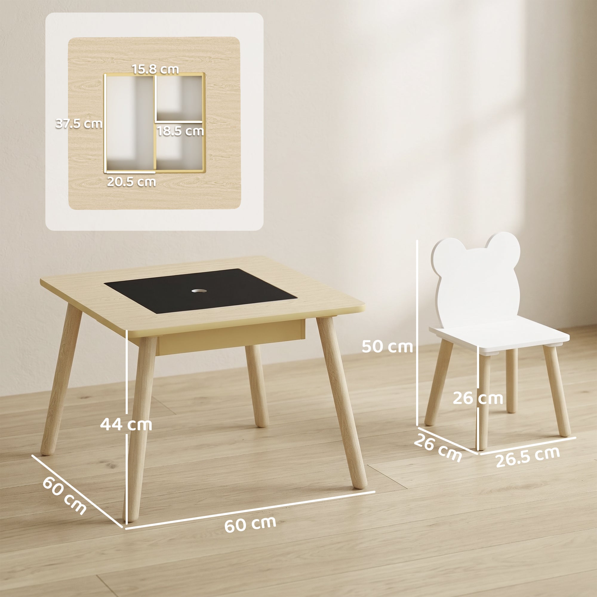 AIYAPLAY 3-Piece Kids Table and Chairs Set with Convertible Desk and Storage Grid, Kids Activity Table for Nursery, Playroom