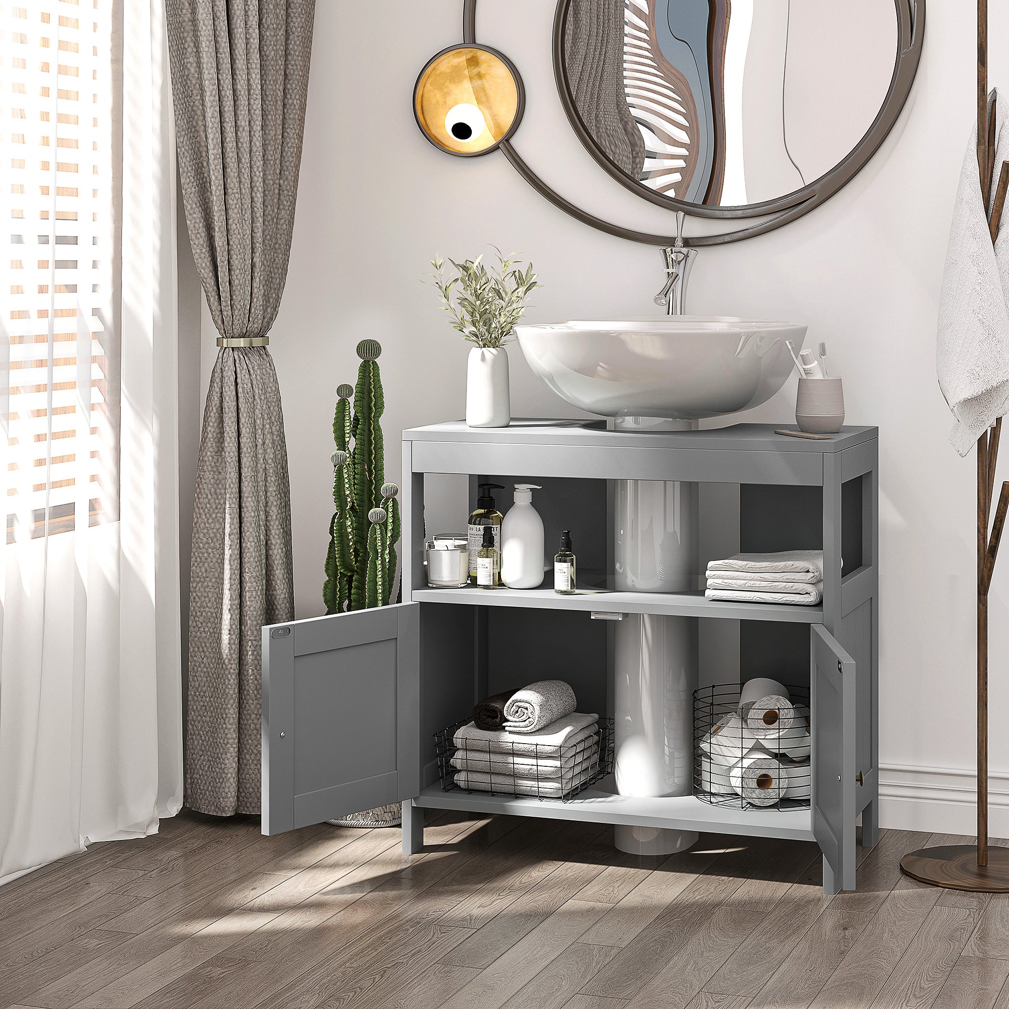 kleankin Pedestal Under Sink Cabinet with Double Doors, Modern Bathroom Vanity Storage Unit with Shelves, Light Grey - North Peak Garden Furniture