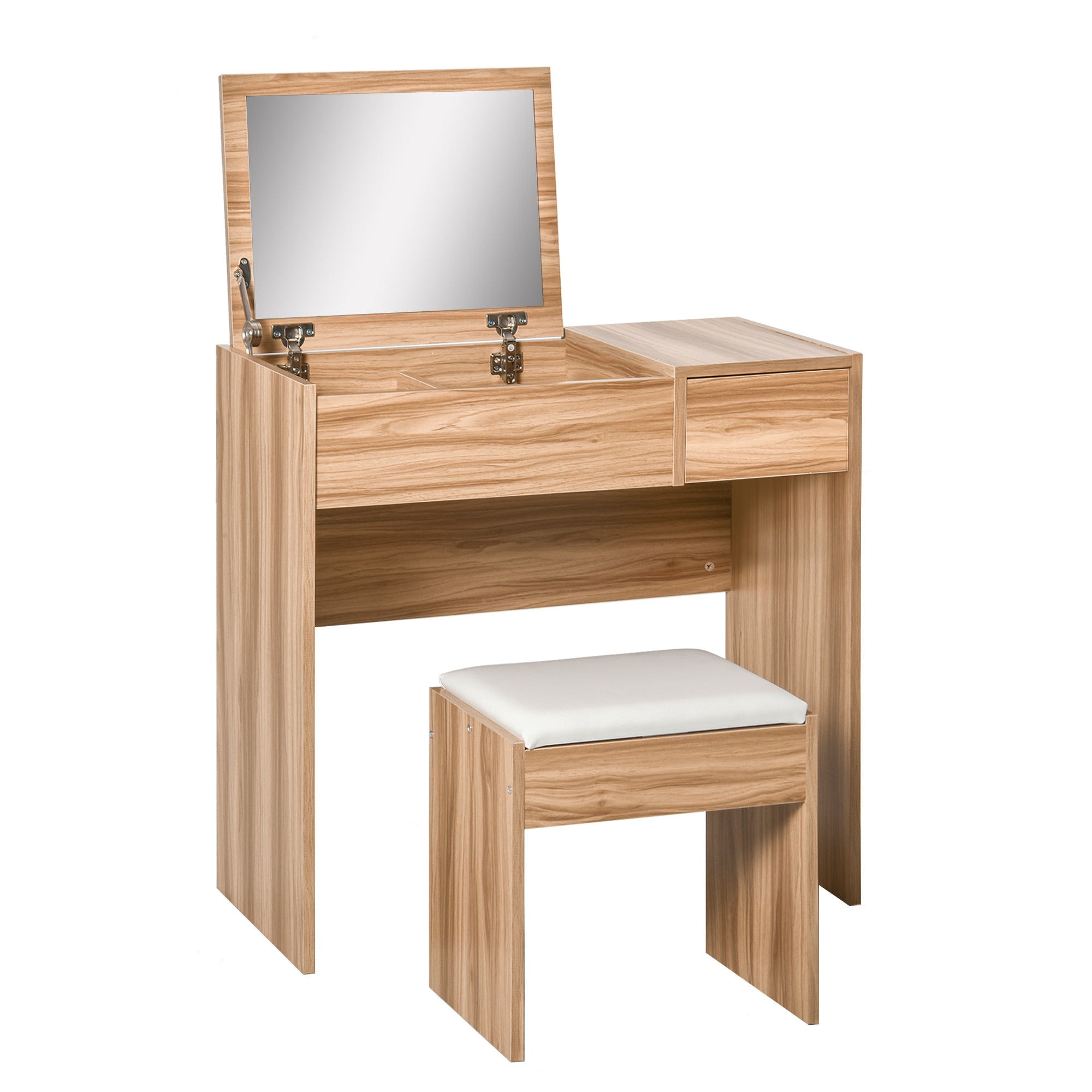 HOMCOM Makeup Desk with Drawer, Vanity Table Set with Flip-up Mirror and Cushioned Stool, Natural - North Peak Garden Furniture