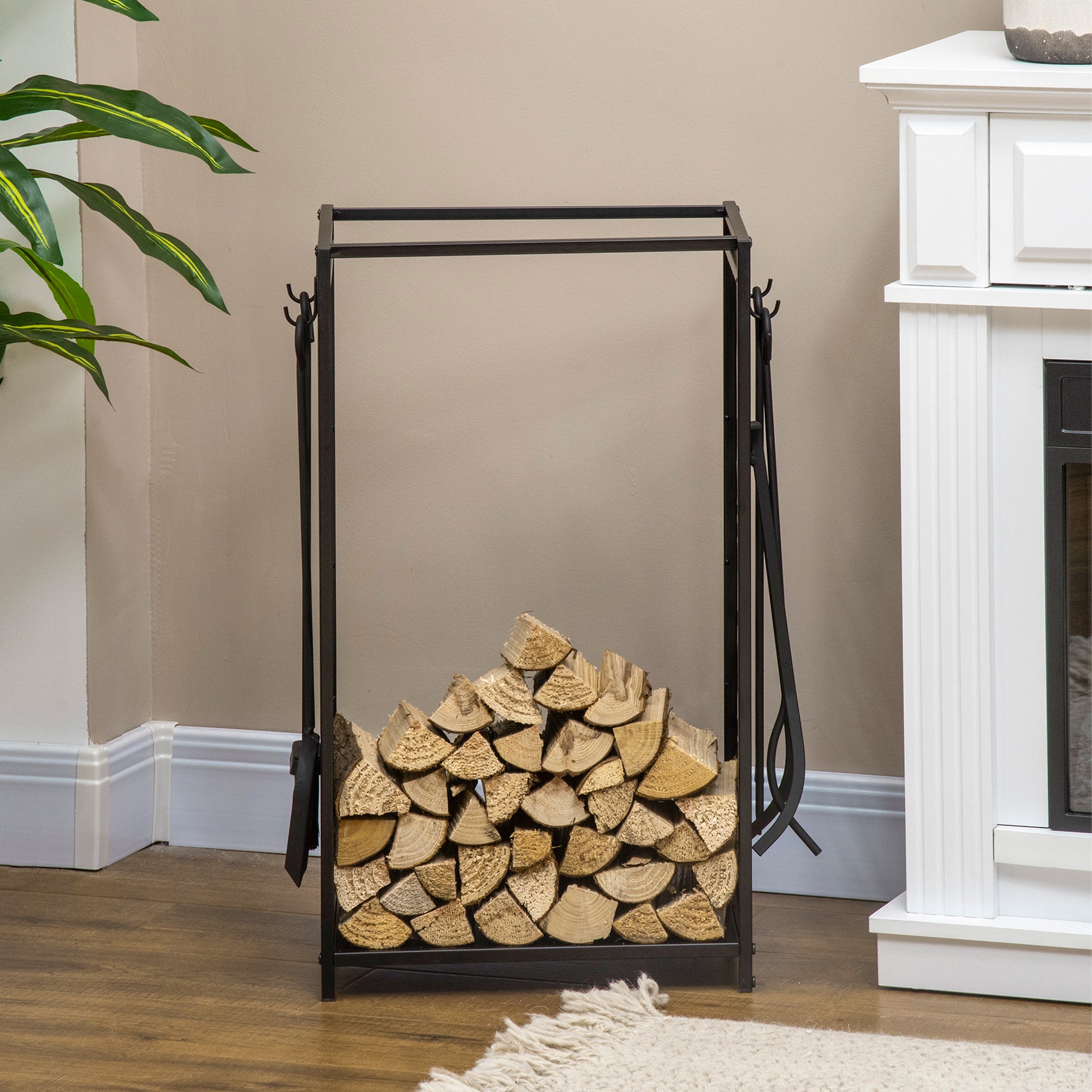 HOMCOM Steel Firewood Log Holder Indoor Outdoor Firewood Rack Fireplace Wood Storage Shelf with 4 Tools, Hooks, Tree Pattern Design, Rust-Resistant, Black, 46W x 30D x 70H cm - North Peak Garden Furniture