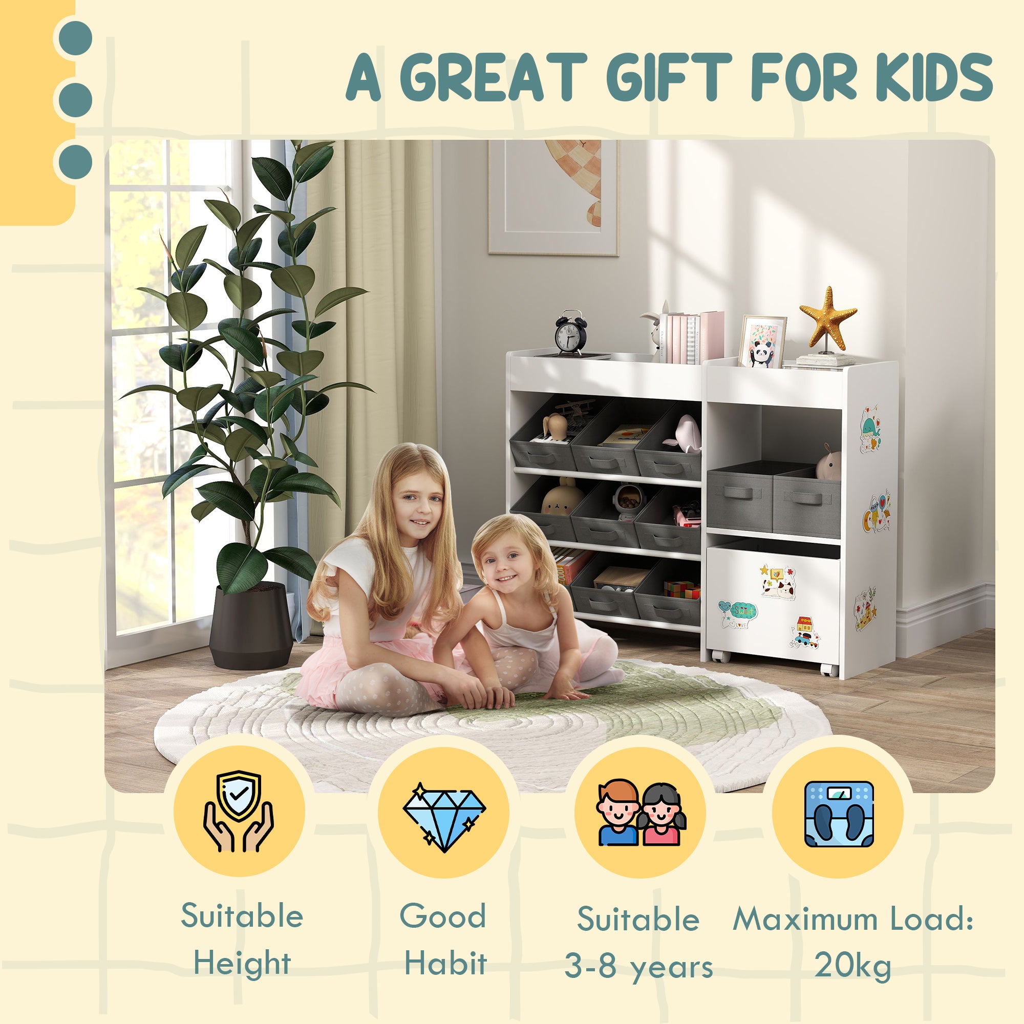 AIYAPLAY Kids Toy Storage Unit with 11 Bins, Cabinet, Top Shelves, 3 Stickers, for Nursery, Playroom, Kindergarten, White - North Peak Garden Furniture