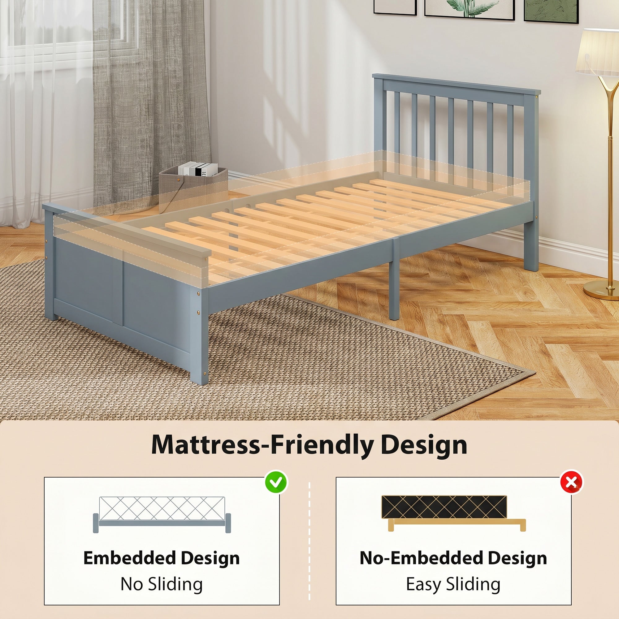 HOMCOM Pine Storage Bed, 3ft Single Solid Wooden Bed Frame with Drawers, Headboard, Wood Slat Support, Grey