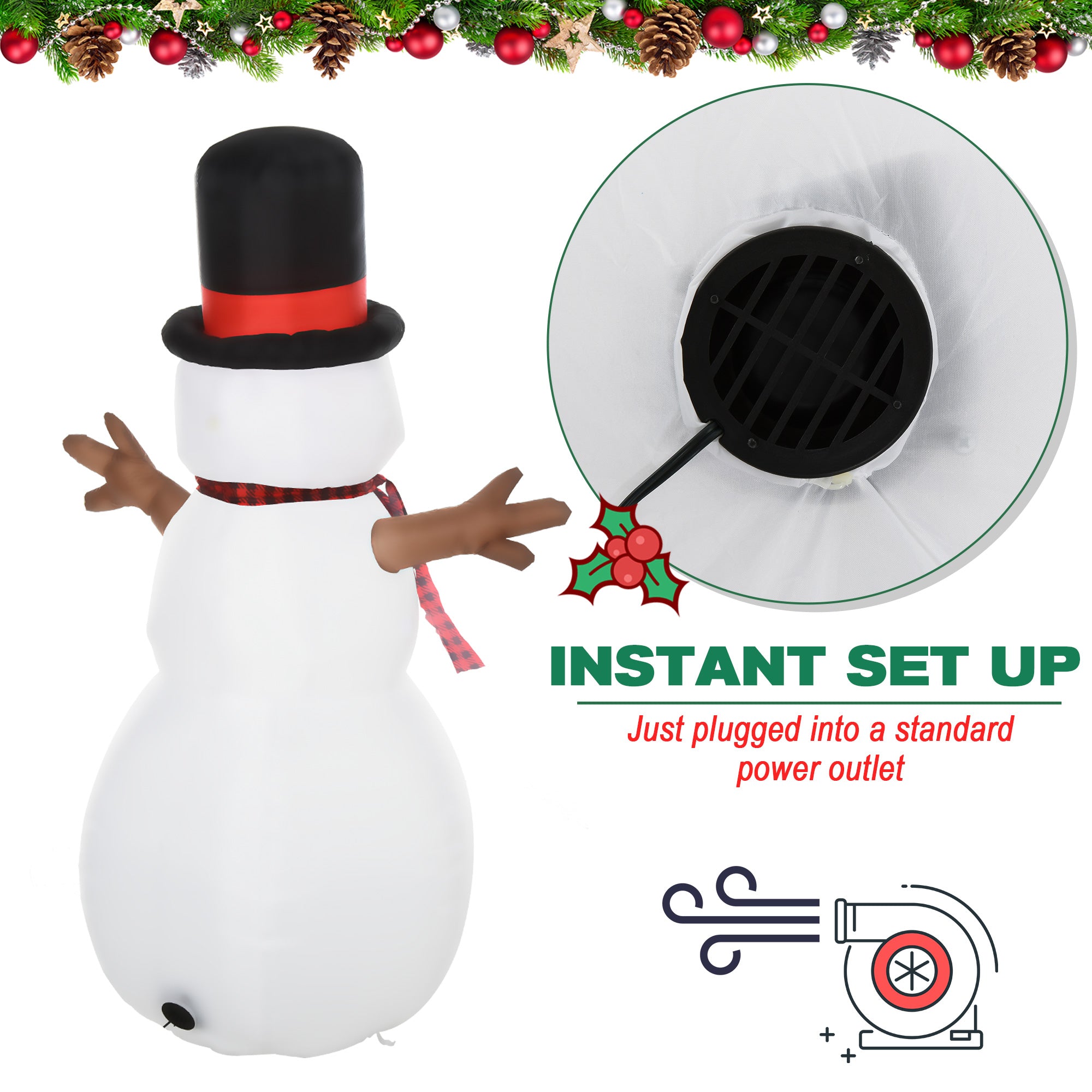 HOMCOM 6ft Giant Inflatable Snowman Christmas Decoration w/ LED Lights Accessories Cute Family Fun Seasonal Outdoor Indoor - North Peak Garden Furniture