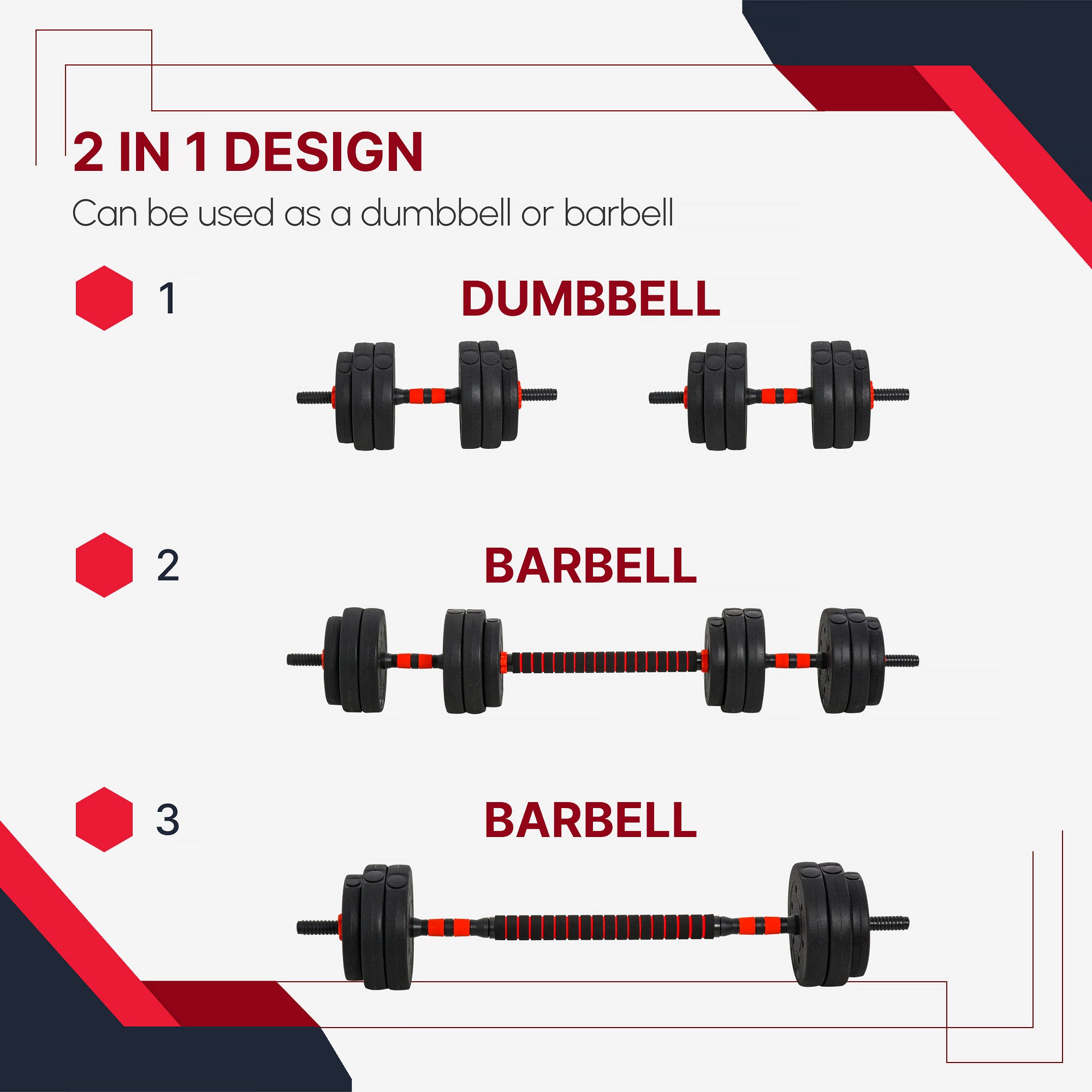 HOMCOM 25kg 2 IN 1 Adjustable Dumbbells Weight Set, Dumbbell Hand Weight Barbell for Body Fitness, Lifting Training for Home, Office, Gym, Black - North Peak Garden Furniture