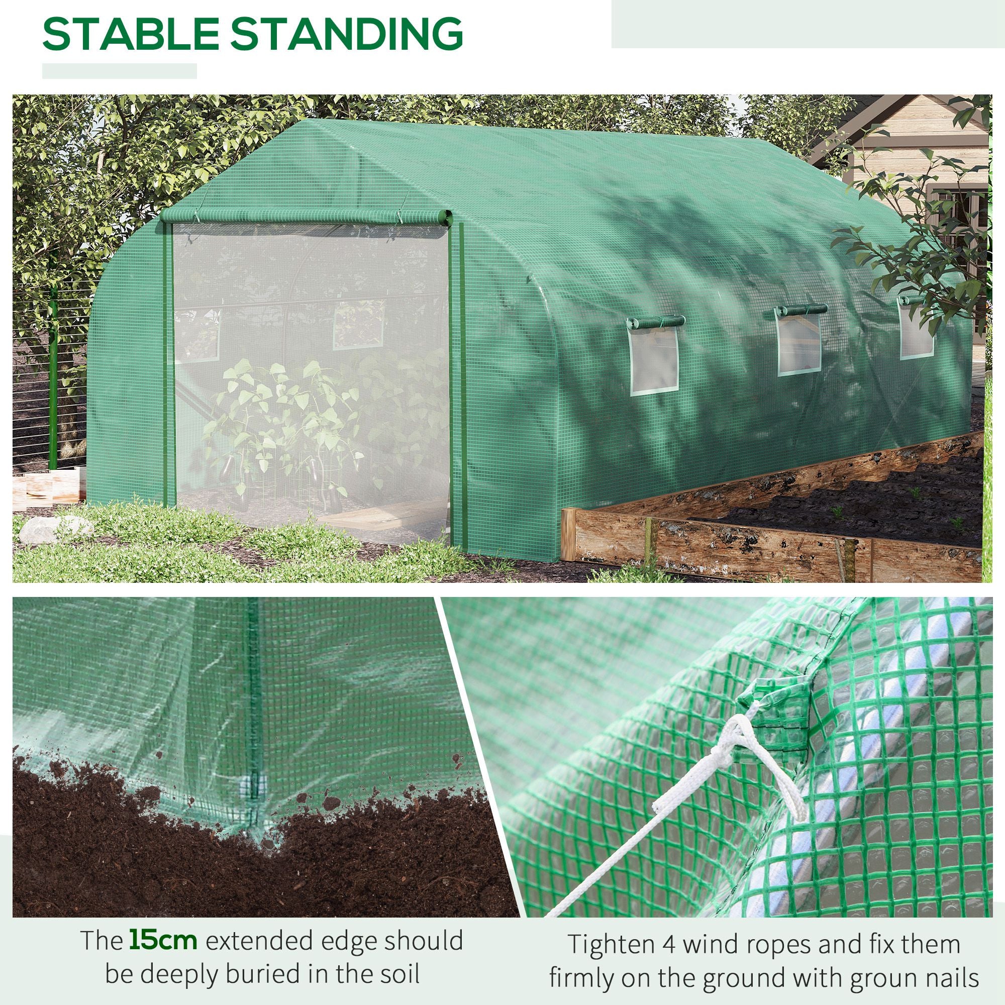 Outsunny Walk-in Polytunnel Garden Greenhouse, Outdoor Mesh Door Greenhouse with PE Cover and 6 Windows, 4.5 x 3 x 2m, Green - North Peak Garden Furniture