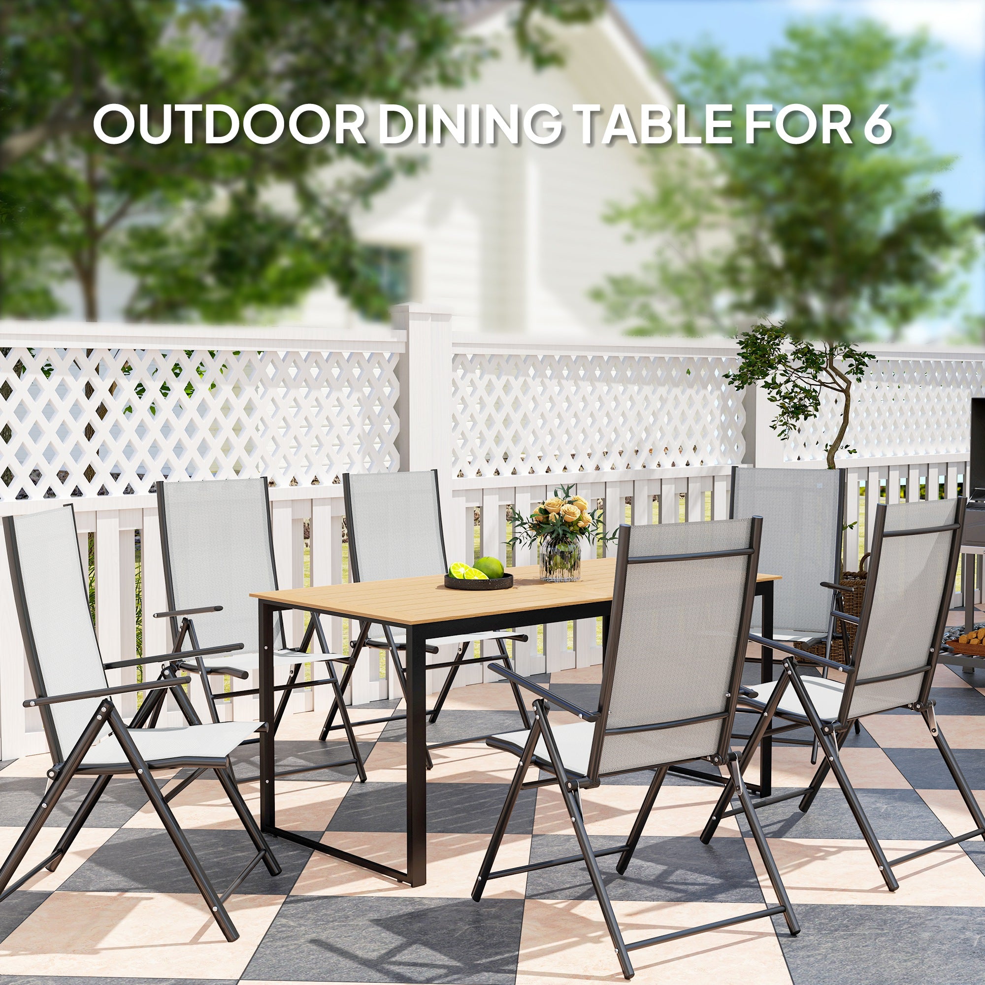 Outsunny Garden Table for 6 People, 160 x 80 x 75 cm Rectangle Outdoor Dining Table with Slatted Top, Metal Frame, for Balcony, Deck, Teak - North Peak Garden Furniture