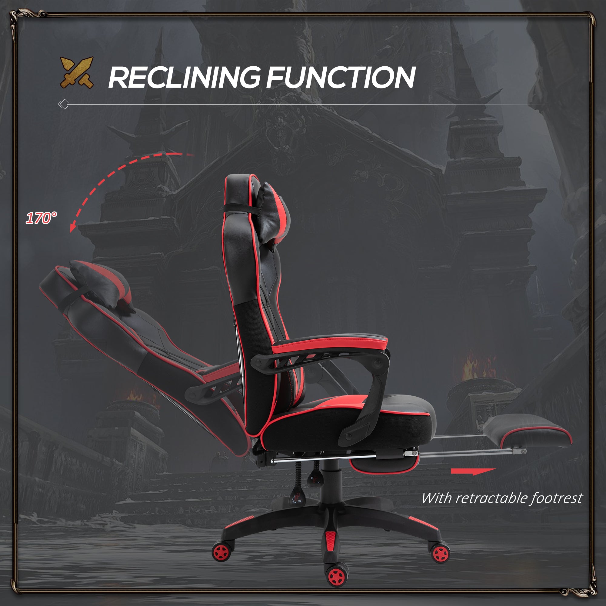Vinsetto Computer Gaming Chair, Racing Desk Chair with Lumbar Support and Footrest, PU Leather Gamer Chair with Headrest and Swivel Wheels for Home, Red - North Peak Garden Furniture