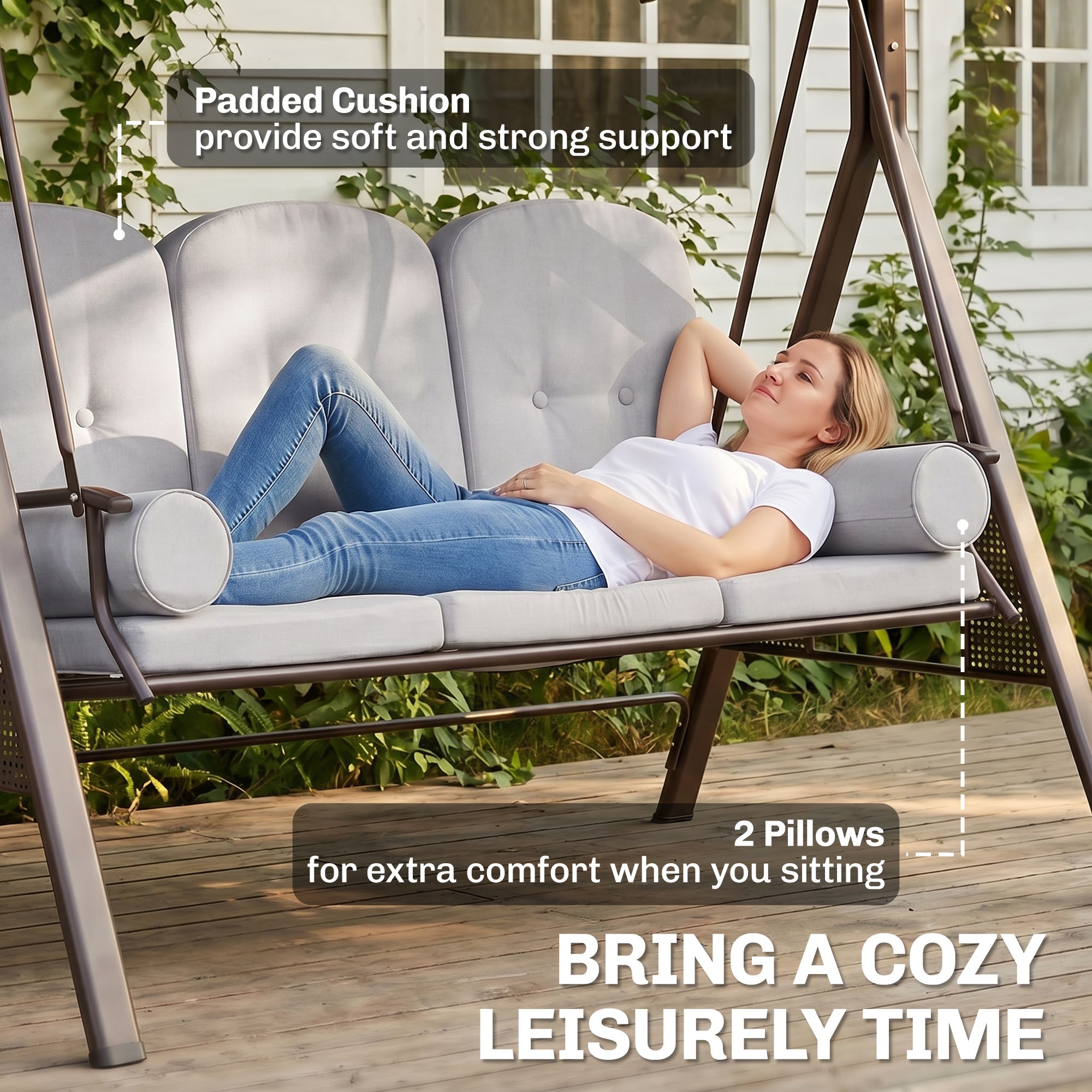 Outsunny 3 Seater Canopy Swing Chair, Outdoor Garden Swing Seat with Adjustable Canopy, Cushions and Cup Trays, Steel Frame, Light Grey