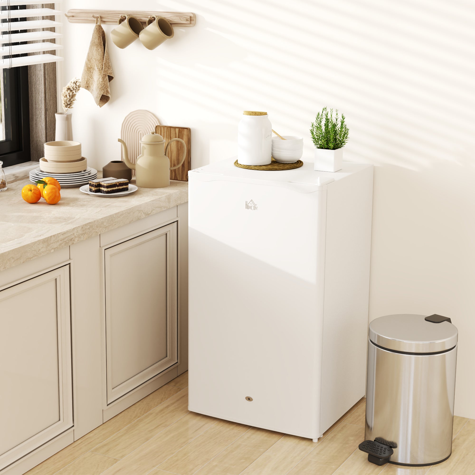 HOMCOM 91L Freestanding Under-Counter Fridge with Lock - White - North Peak Garden Furniture