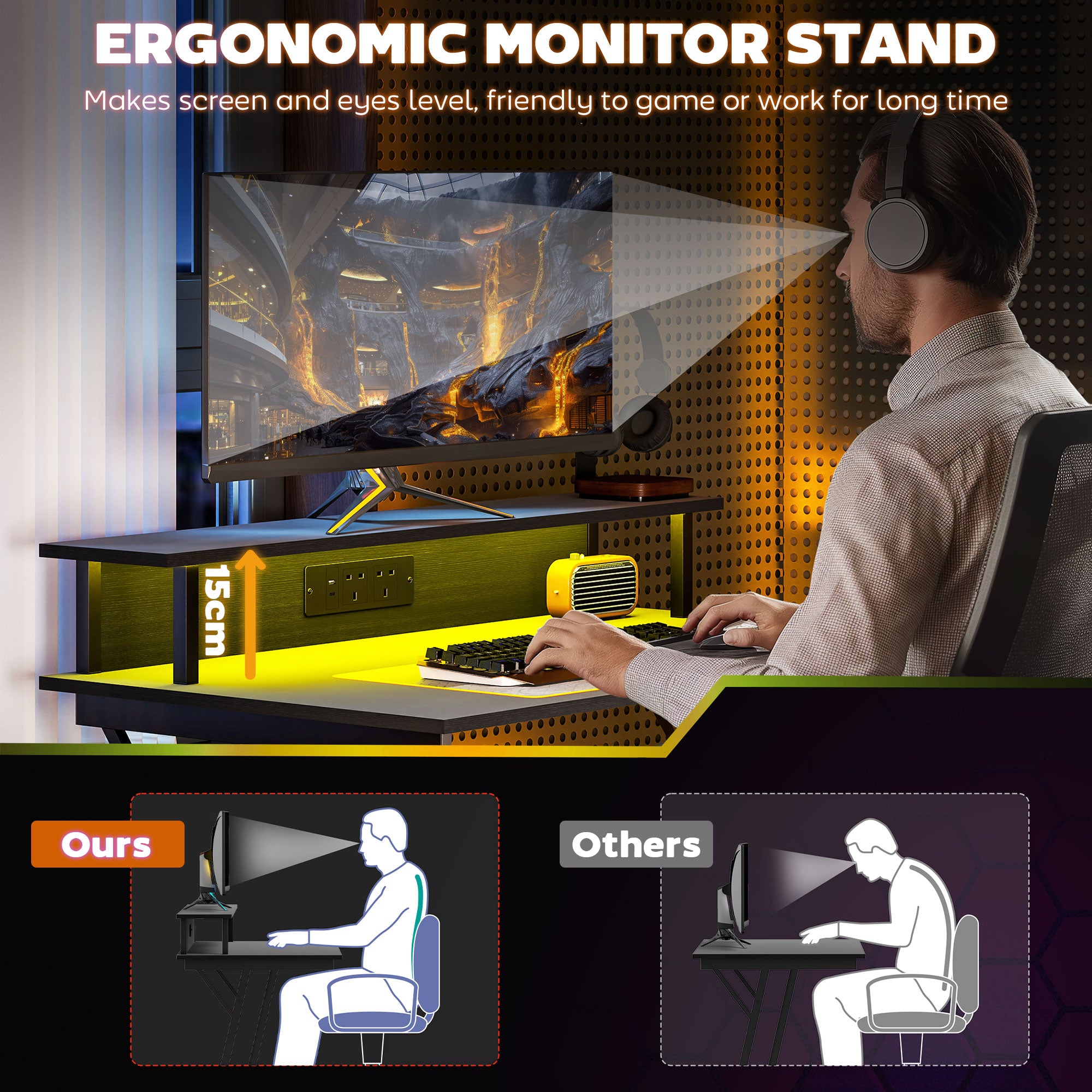 HOMCOM Gaming Desk with LED Lights and Power Outlets, 100 x 60cm Z Shaped Computer Desk with Monitor Stand and Steel Frame, PC Gaming Table for Home Office, Black - North Peak Garden Furniture
