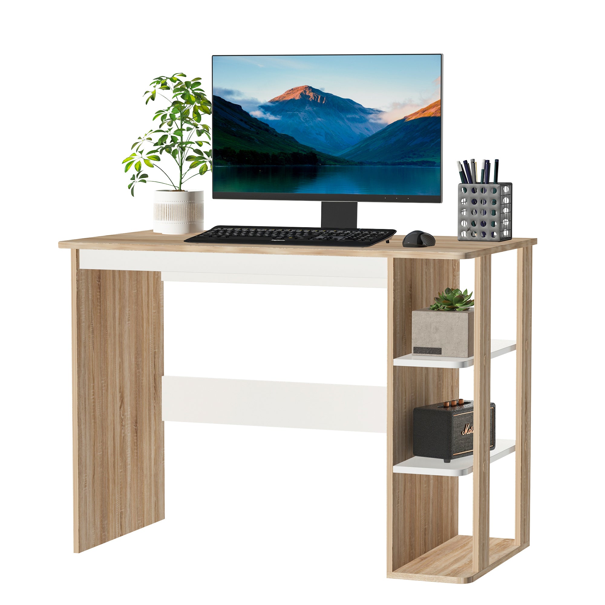 HOMCOM Computer Desk, Writing Desk with 3-Tier Storage Shelf, Work Table for Home Office, Study, Living Room, Oak and White - North Peak Garden Furniture