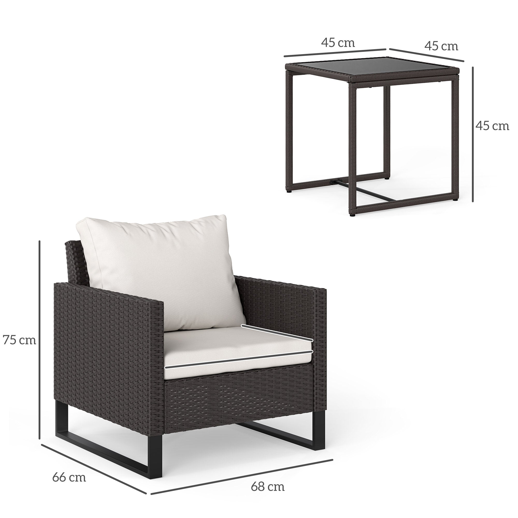 Outsunny 3 Pieces Rattan Bistro Set with 4 Cushions, Wicker Garden Furniture Set, Glass Top Coffee Table and Chairs for Outdoor Patio, Balcony, Terrace and Conservatory, Brown - North Peak Garden Furniture