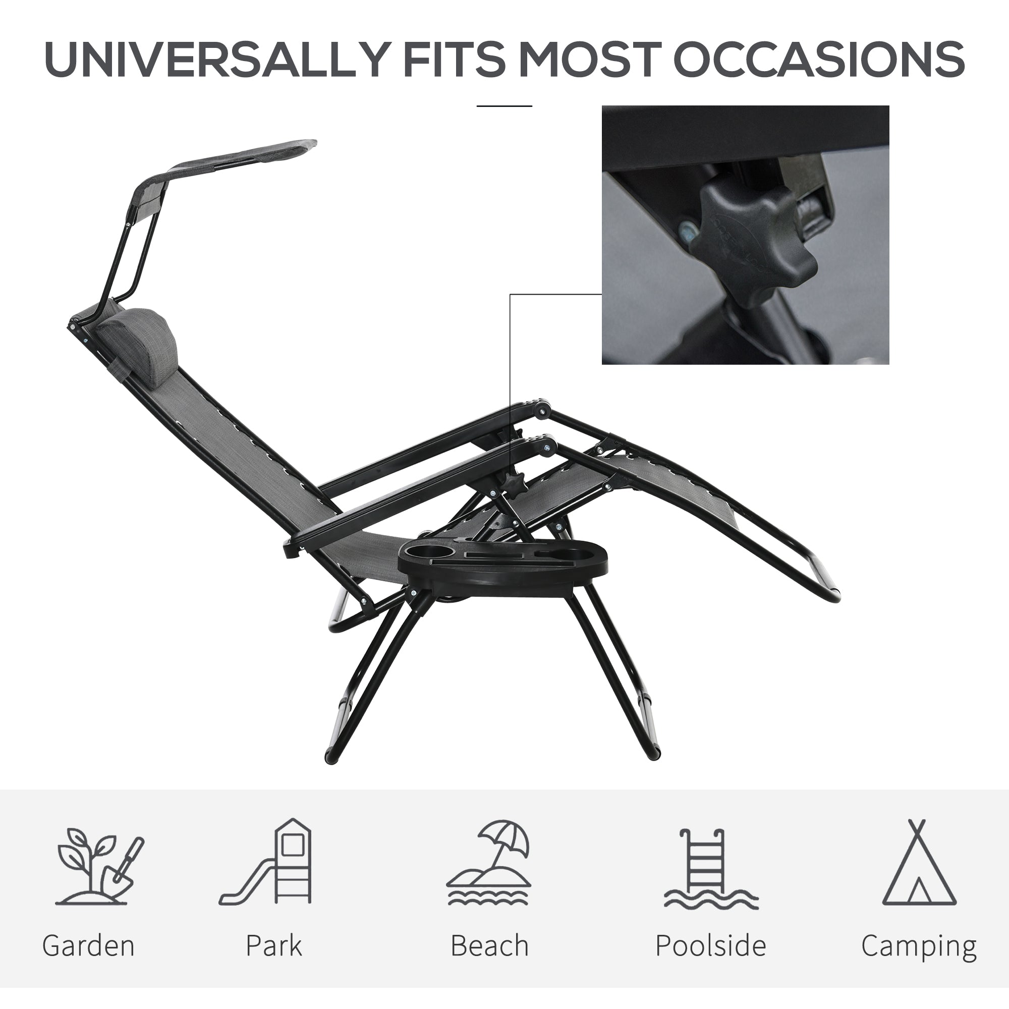 Outsunny Foldable Reclining Garden Chair with Headrest, Zero Gravity Deck Sun Lounger Seat Chair with Footrest, Armrest, Cup Holder & Canopy Shade, Light Grey - North Peak Garden Furniture