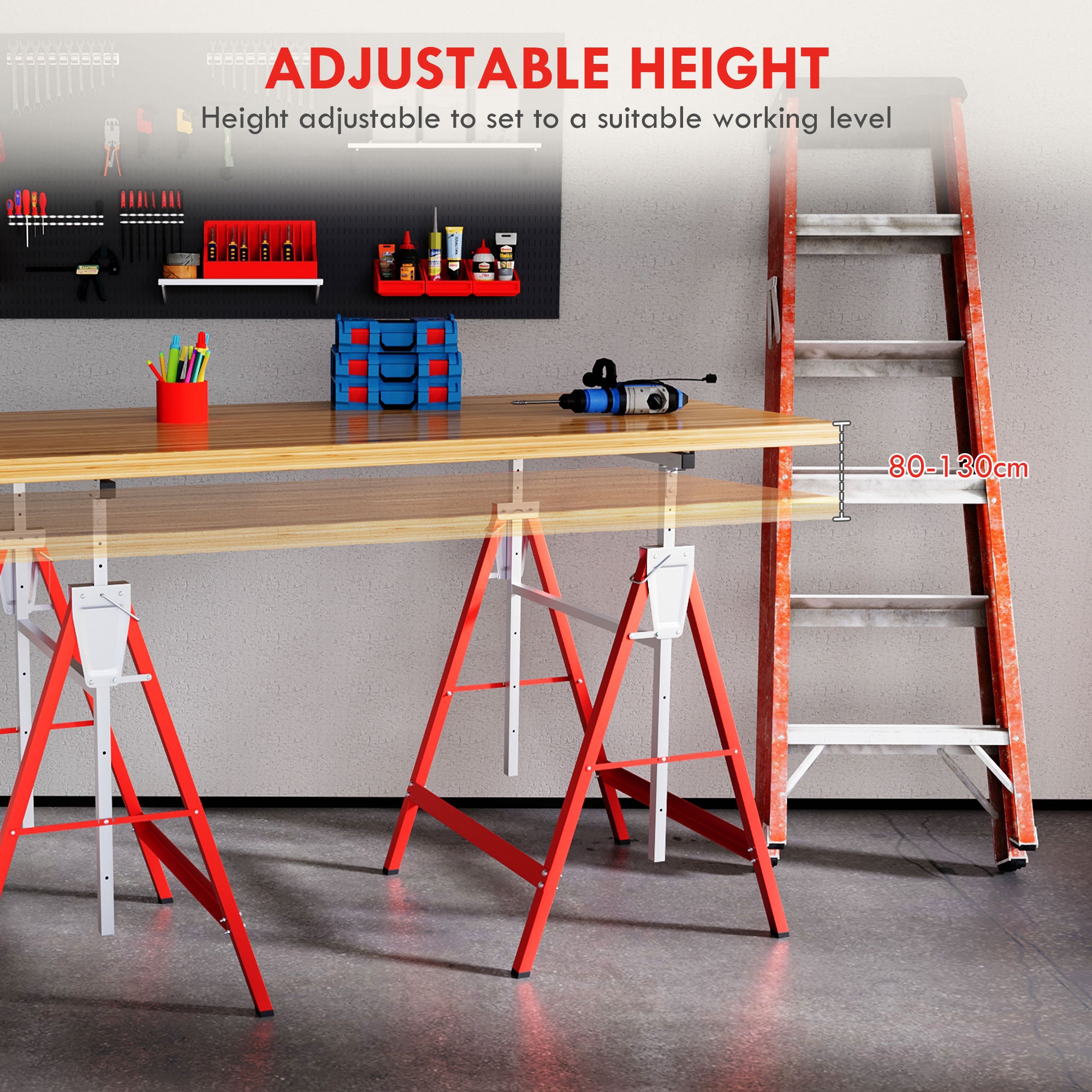 HOMCOM Set of 2 Adjustable Telescopic Builders Trestle, DIY Steel Work Bench Carpenter, Folding Saw Horse Tools Red - North Peak Garden Furniture