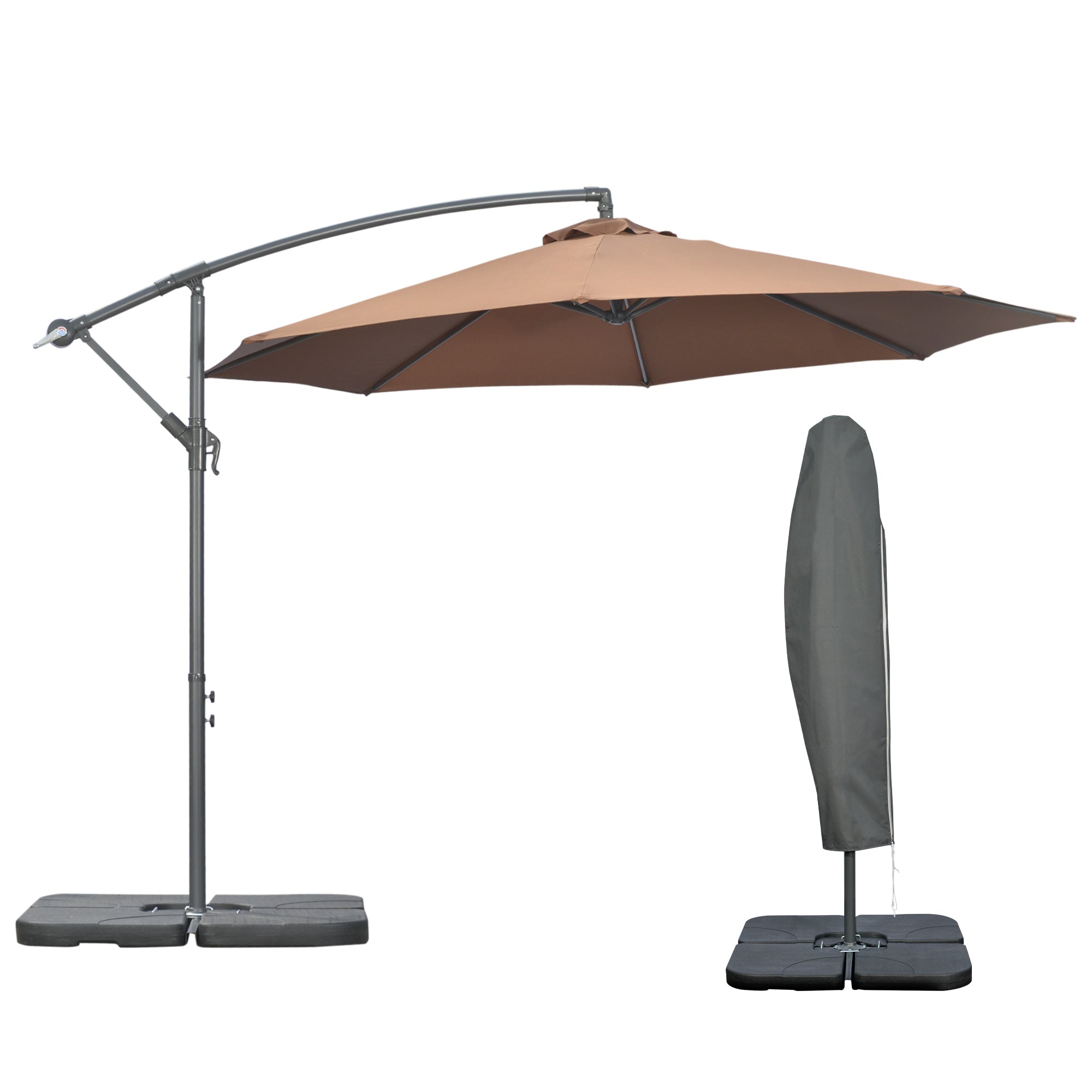 Outsunny 3(m) Garden Banana Parasol Cantilever Umbrella with Crank Handle, Cross Base, Weights and Cover for Outdoor, Hanging Sun Shade, Coffee - North Peak Garden Furniture