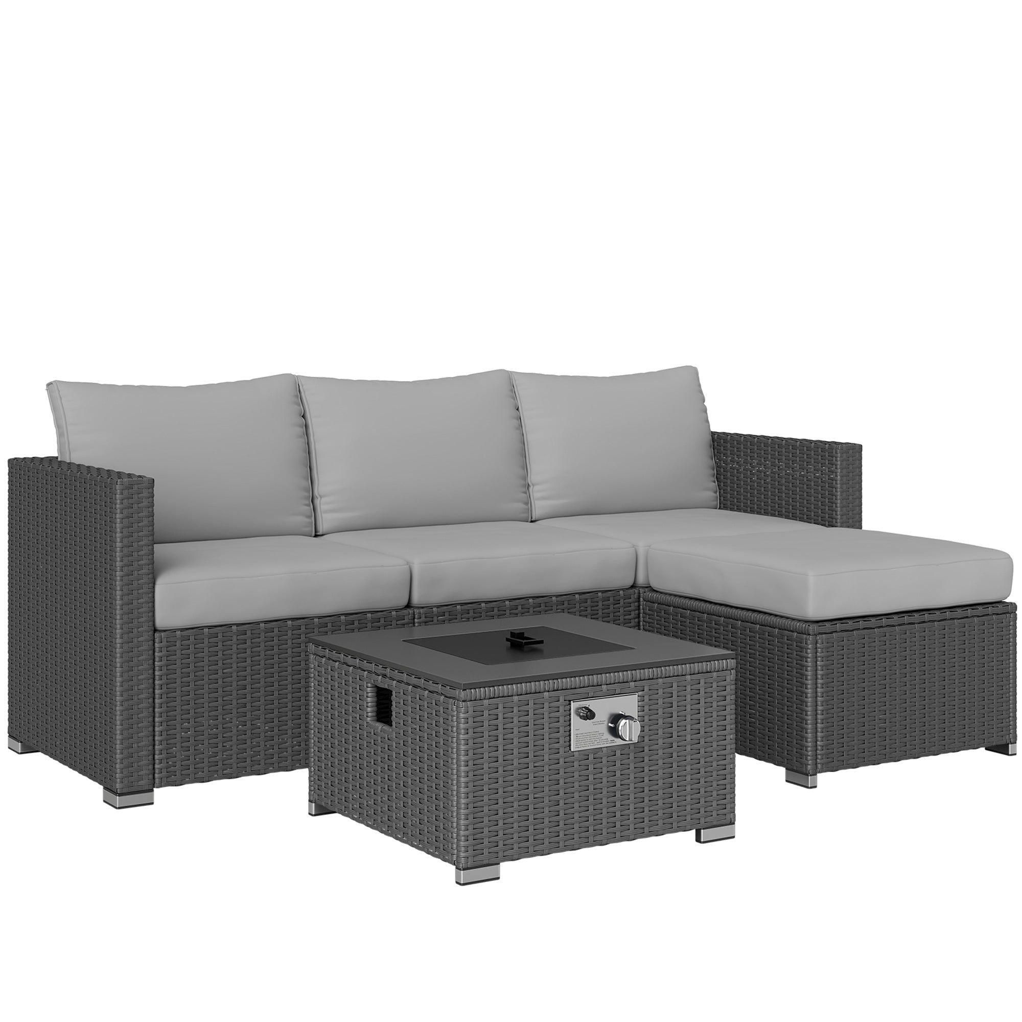 Outsunny Five Piece Rattan Garden Furniture Set with Gas Fire Pit Table and Footstool - Grey - North Peak Garden Furniture