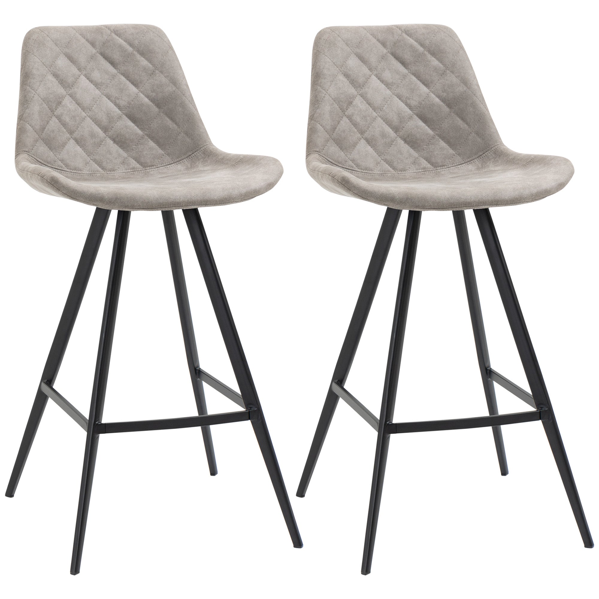 HOMCOM Set Of 2 Bar Stools Vintage Microfiber Cloth Tub Seats Padded Comfortable Steel Frame Footrest Quilted Home Bar Cafe Kitchen Chair Stylish Grey - North Peak Garden Furniture