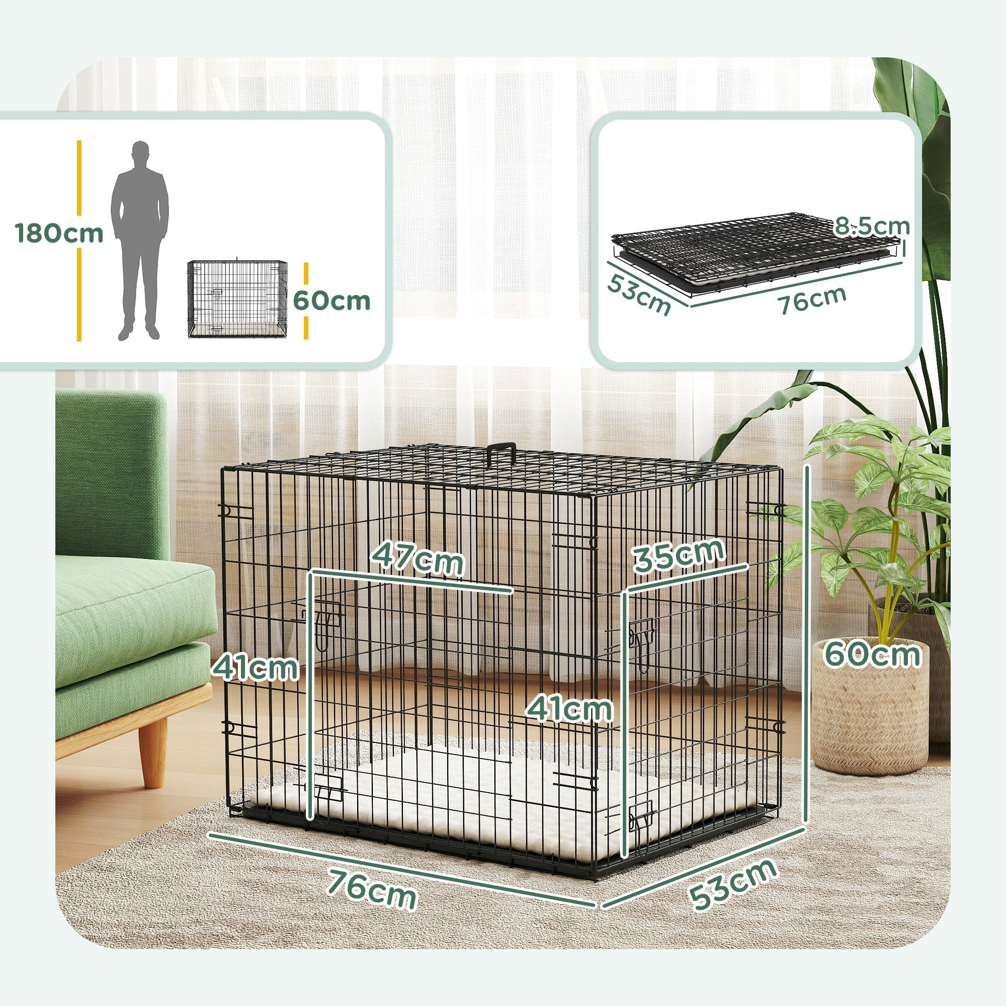 PawHut Dog Crate with 2 Doors with Tray, Soft Cushion, Foldable Metal Dog Cage for Small Dogs, 76 x 53 x 60, Black