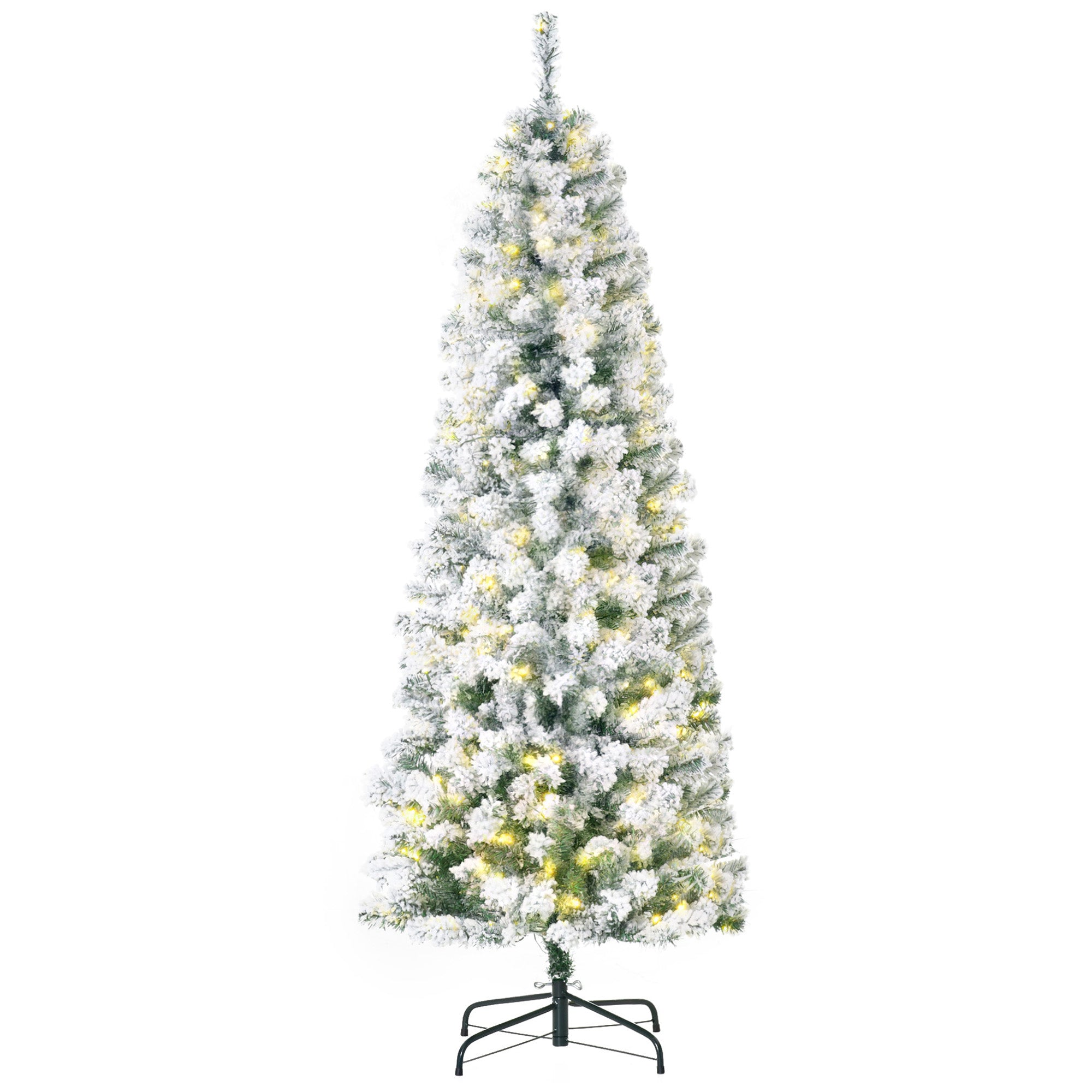HOMCOM 6FT Prelit Artificial Snow Flocked Christmas Tree with Warm White LED Light, Holiday Home Xmas Decoration, Green White