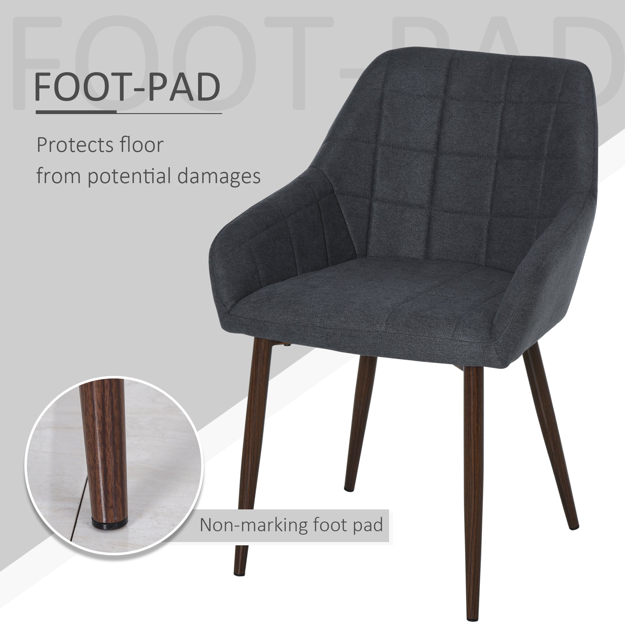 HOMCOM 2 Pieces Linen-Touch Fabric Dining Chair with Grid Pattern Cushion and Backrest, Mid Back Leisure Chair with Steel Leg, Sponge Padded Armchair for Dining Room - North Peak Garden Furniture